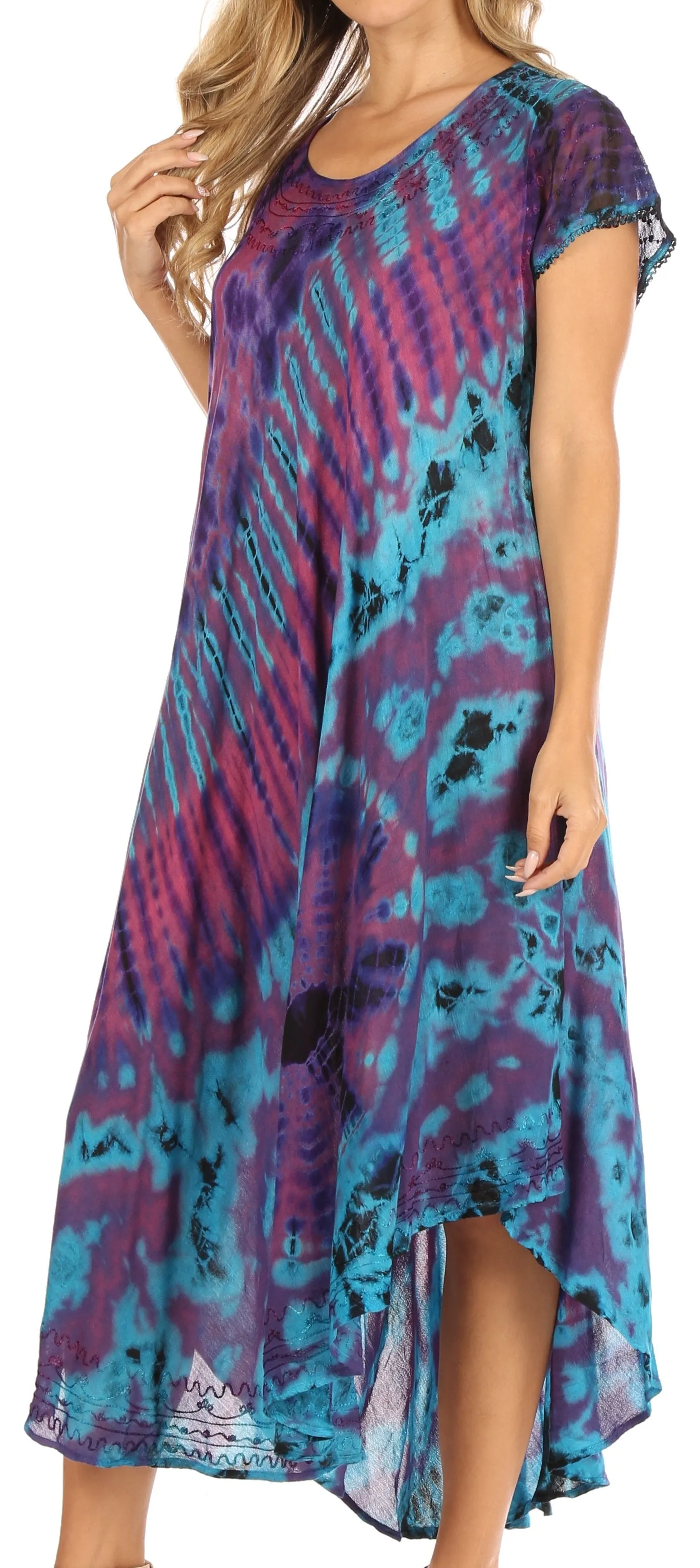 Sakkas Sofi Women's Short Sleeve Embroidered Tie Dye Caftan Tank Dress / Cover Up