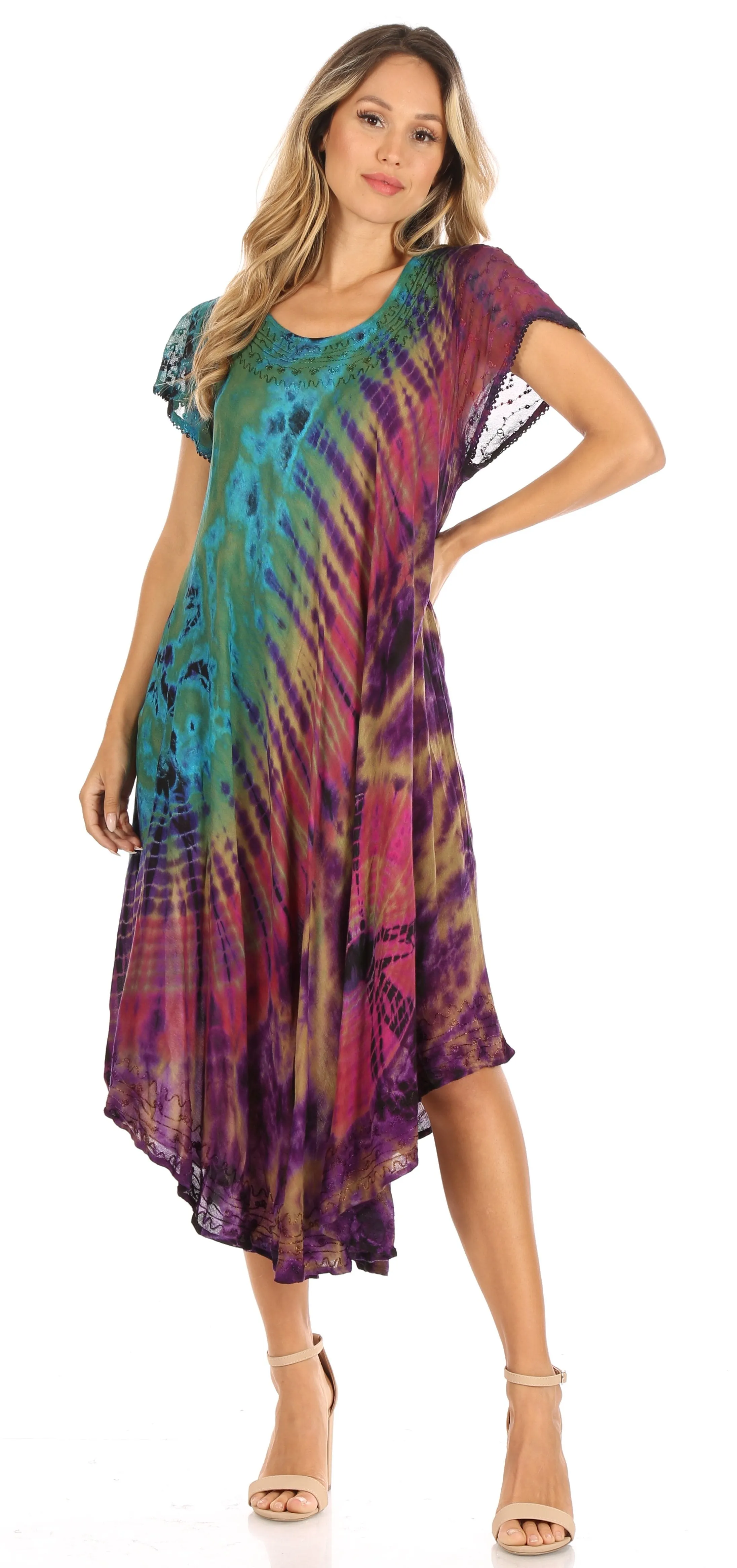 Sakkas Sofi Women's Short Sleeve Embroidered Tie Dye Caftan Tank Dress / Cover Up