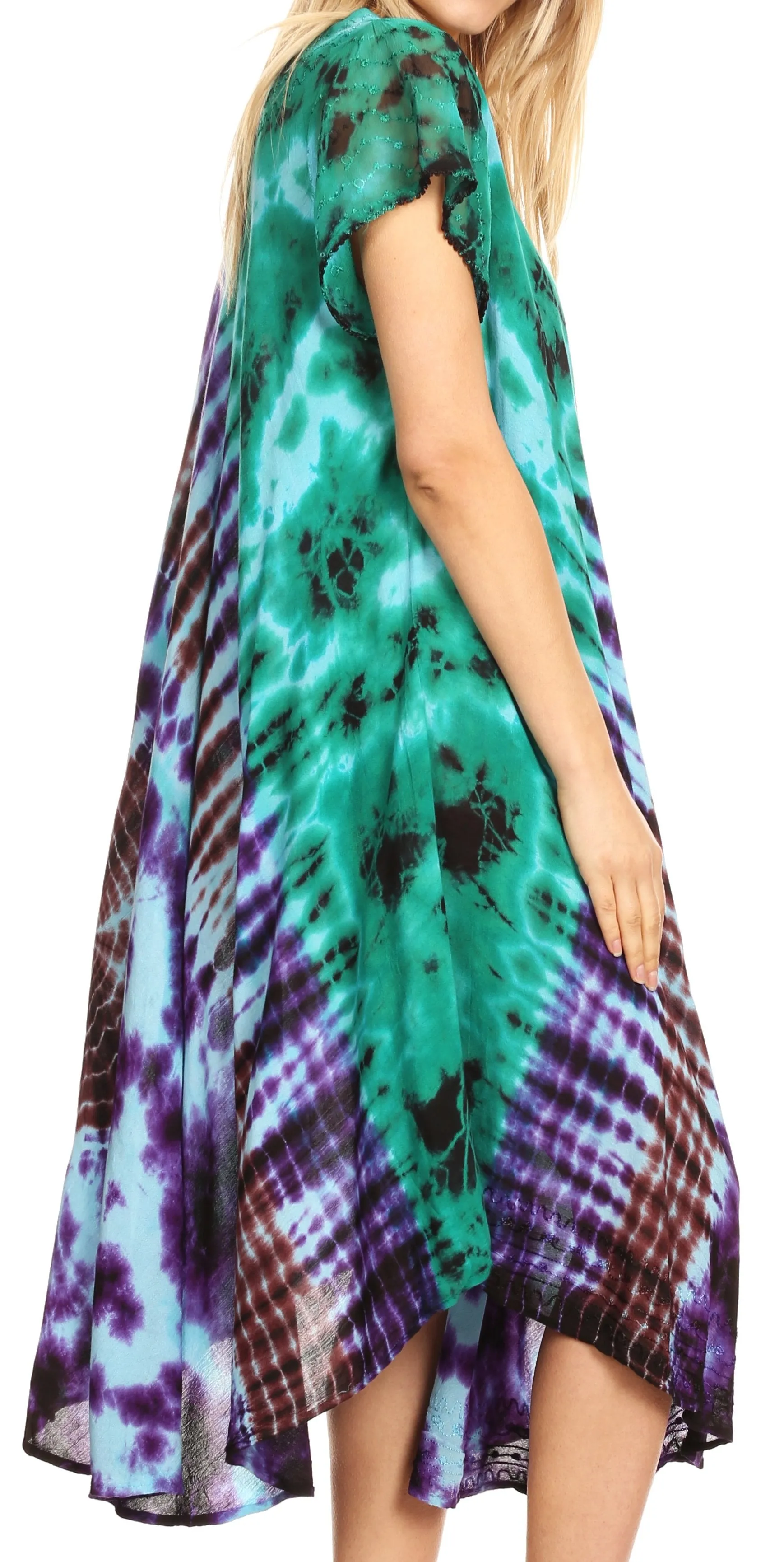 Sakkas Sofi Women's Short Sleeve Embroidered Tie Dye Caftan Tank Dress / Cover Up