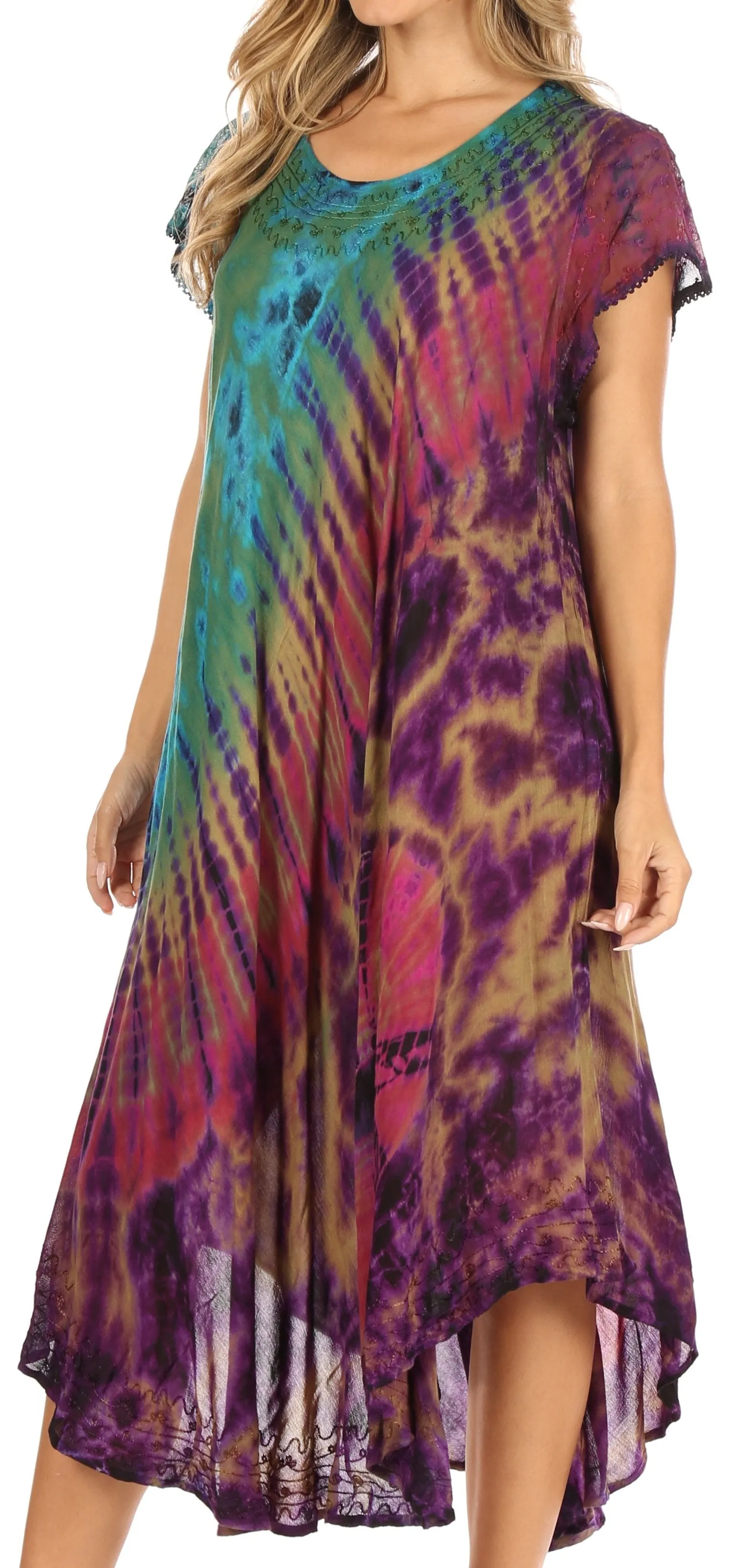 Sakkas Sofi Women's Short Sleeve Embroidered Tie Dye Caftan Tank Dress / Cover Up