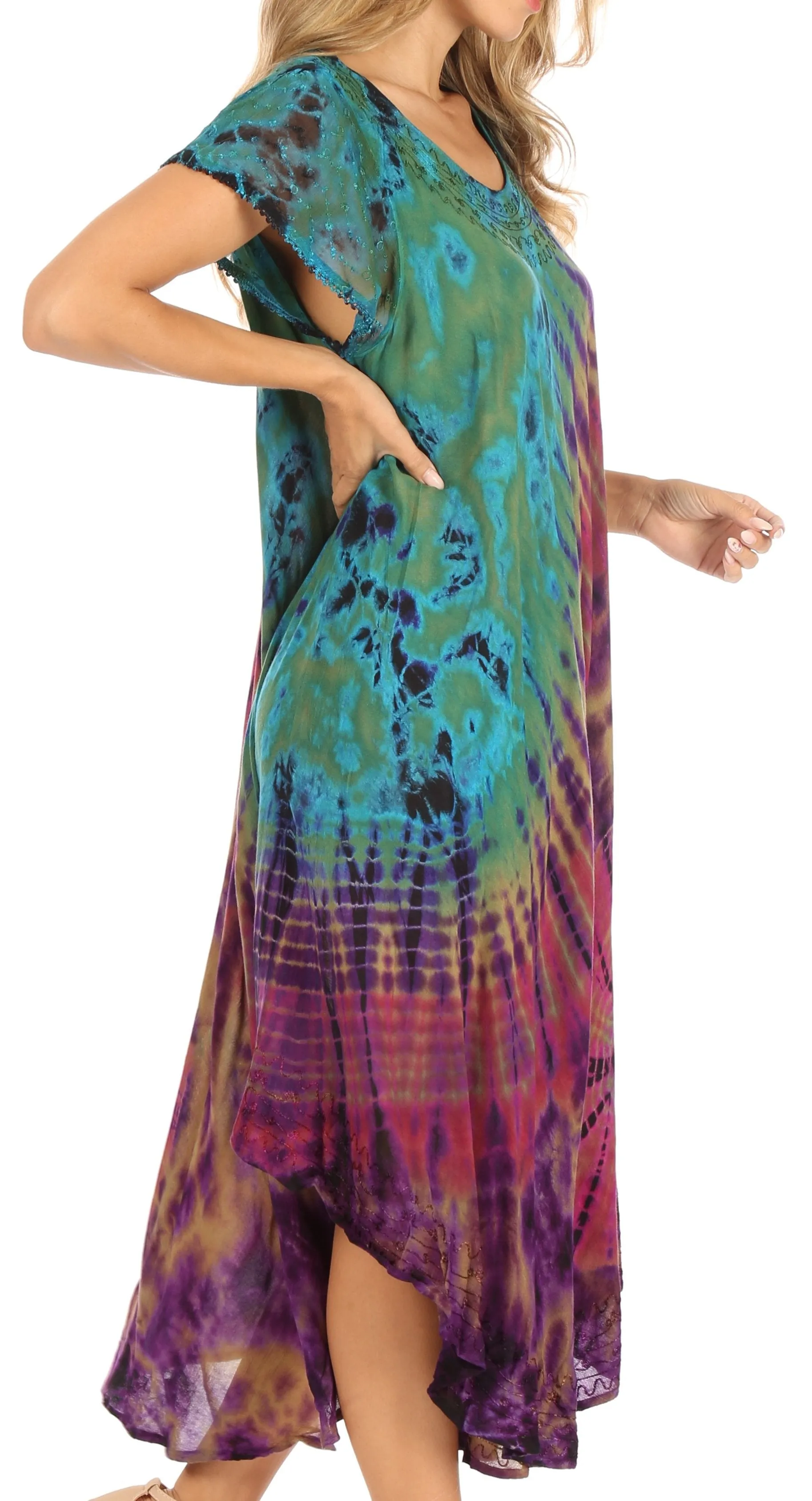 Sakkas Sofi Women's Short Sleeve Embroidered Tie Dye Caftan Tank Dress / Cover Up