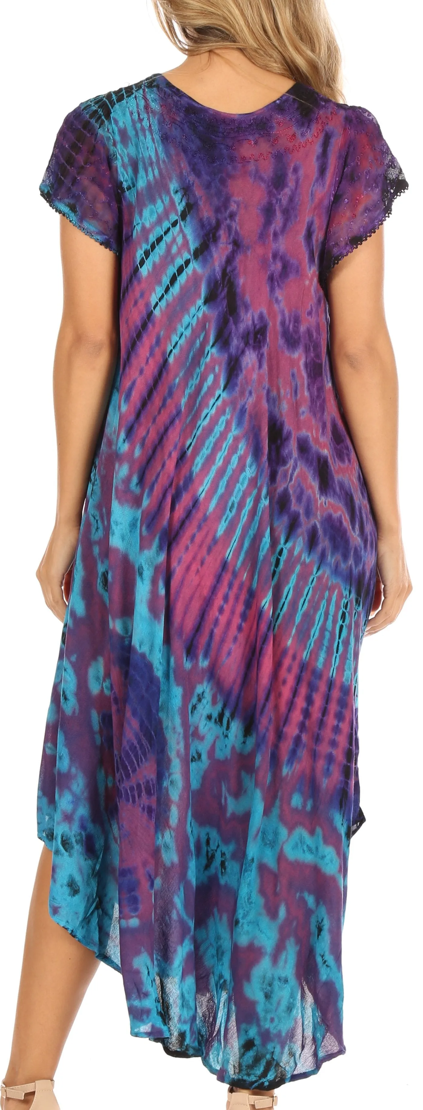 Sakkas Sofi Women's Short Sleeve Embroidered Tie Dye Caftan Tank Dress / Cover Up