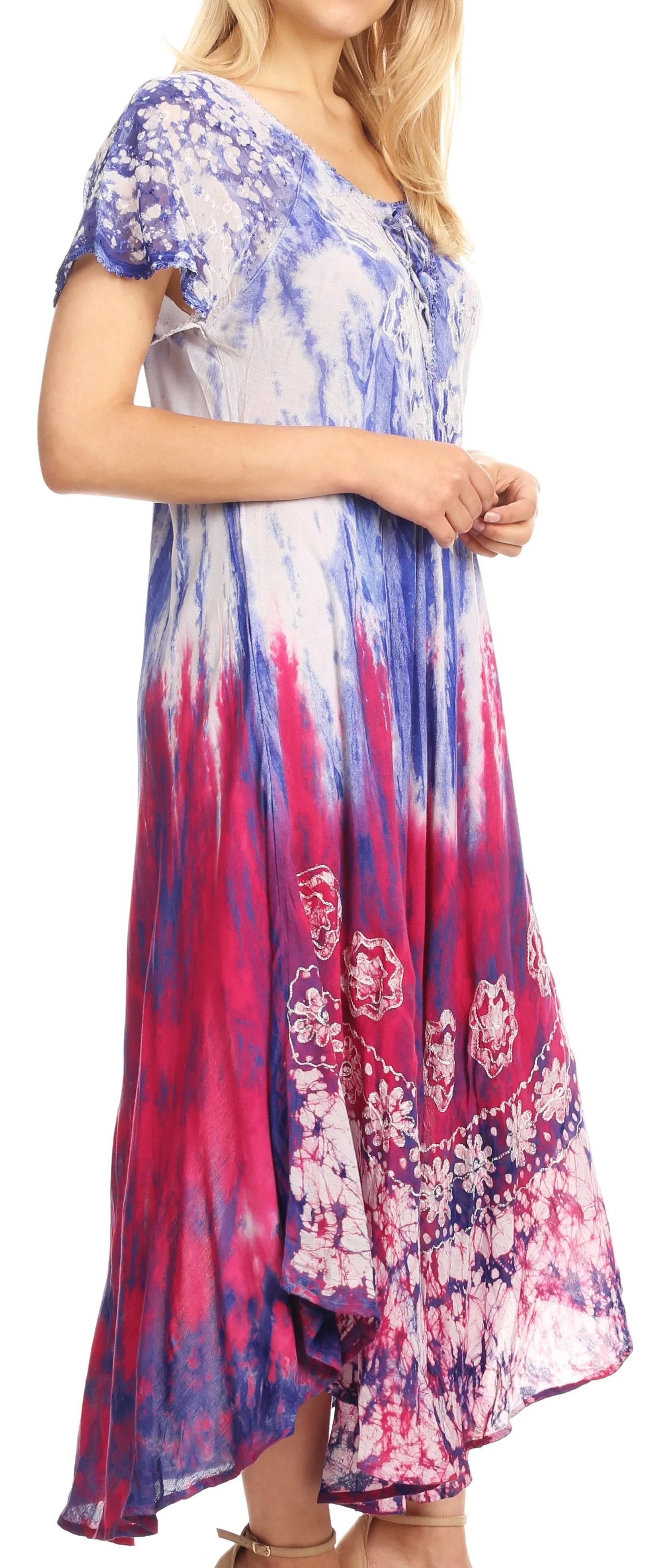 Sakkas Sofia Women's Flowy Summer Maxi Beach Dress Tie-dye w/Batik & Short Sleeves