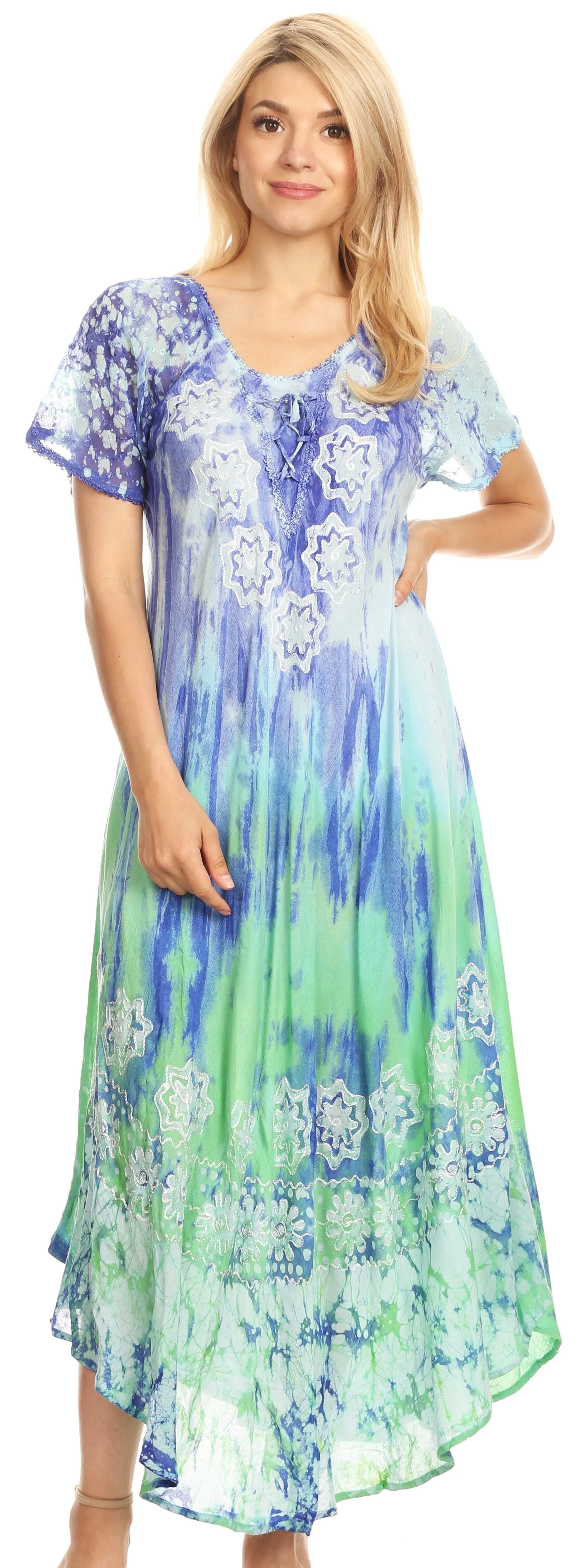 Sakkas Sofia Women's Flowy Summer Maxi Beach Dress Tie-dye w/Batik & Short Sleeves