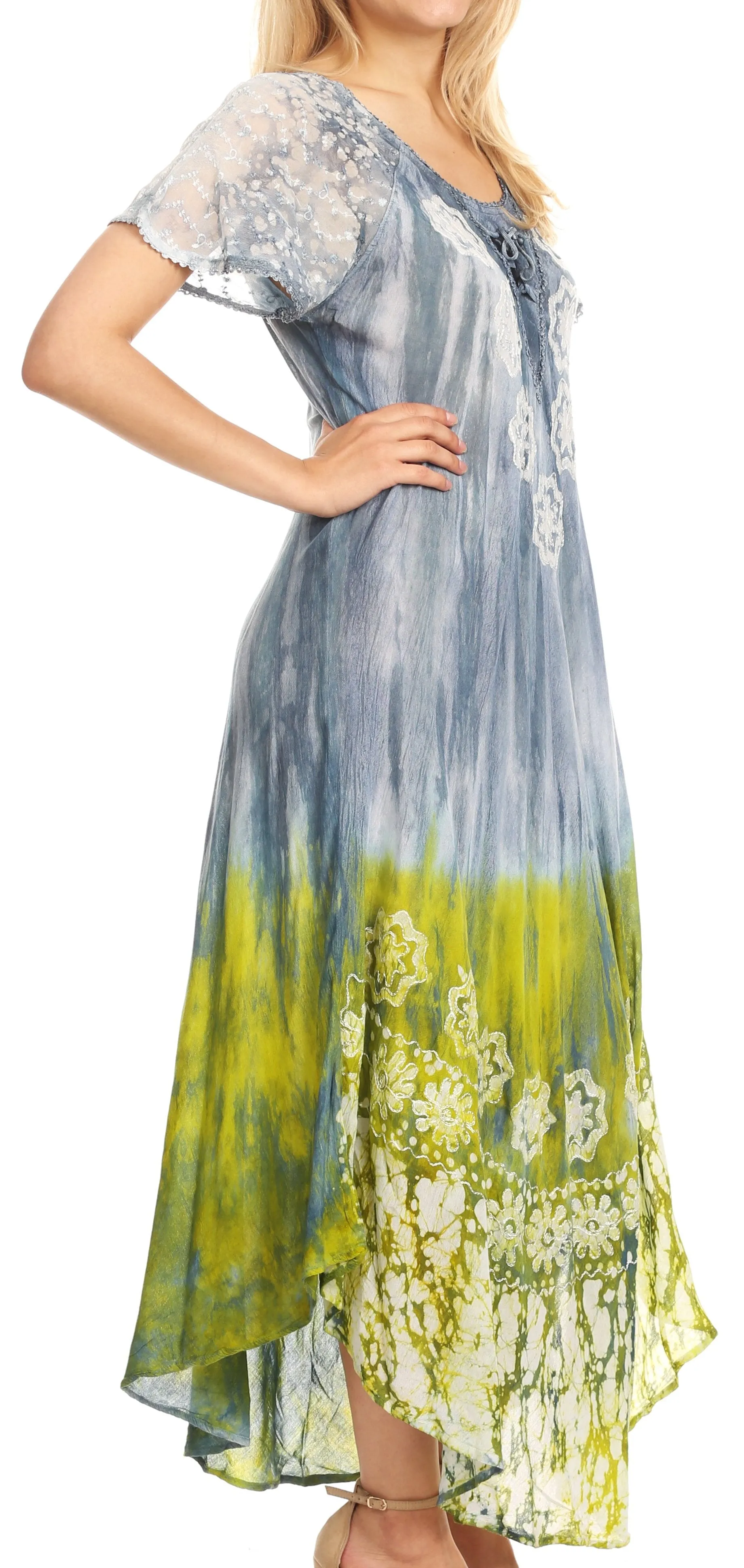 Sakkas Sofia Women's Flowy Summer Maxi Beach Dress Tie-dye w/Batik & Short Sleeves