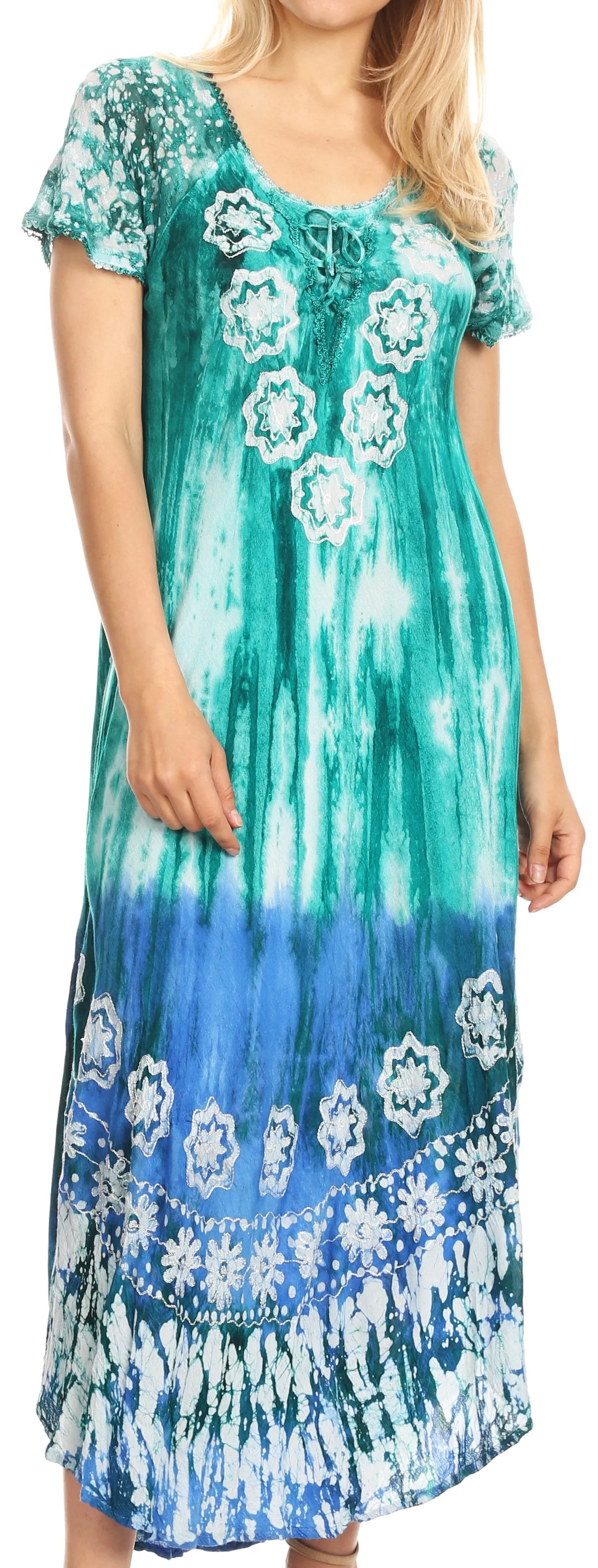 Sakkas Sofia Women's Flowy Summer Maxi Beach Dress Tie-dye w/Batik & Short Sleeves