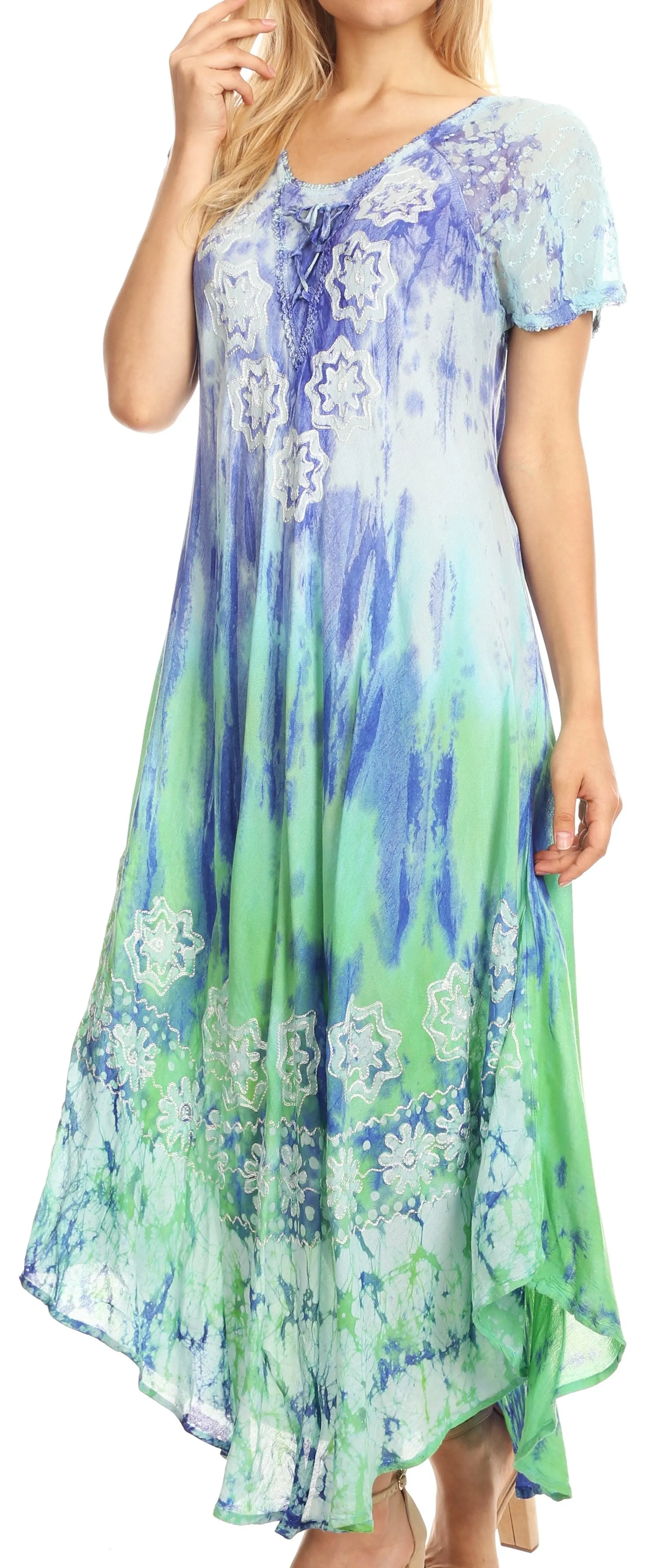 Sakkas Sofia Women's Flowy Summer Maxi Beach Dress Tie-dye w/Batik & Short Sleeves