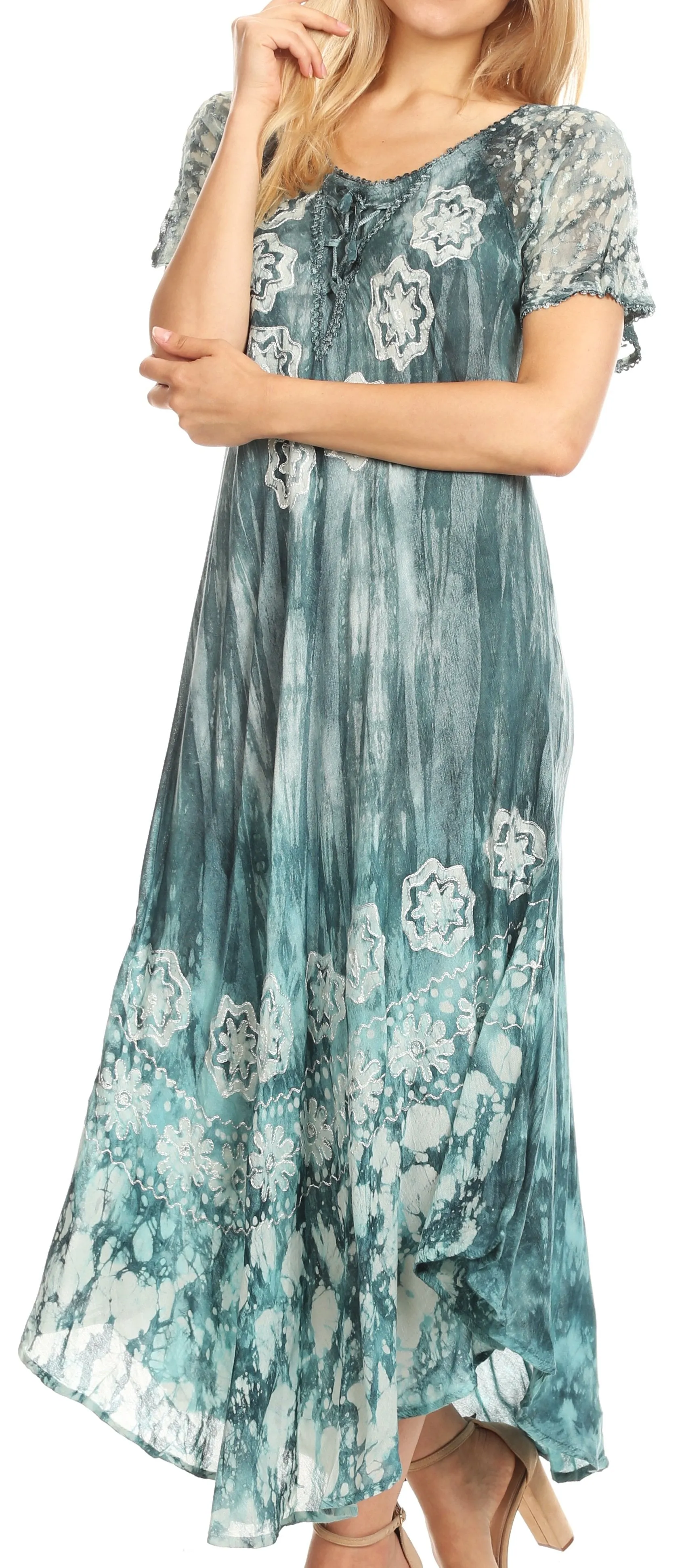 Sakkas Sofia Women's Flowy Summer Maxi Beach Dress Tie-dye w/Batik & Short Sleeves