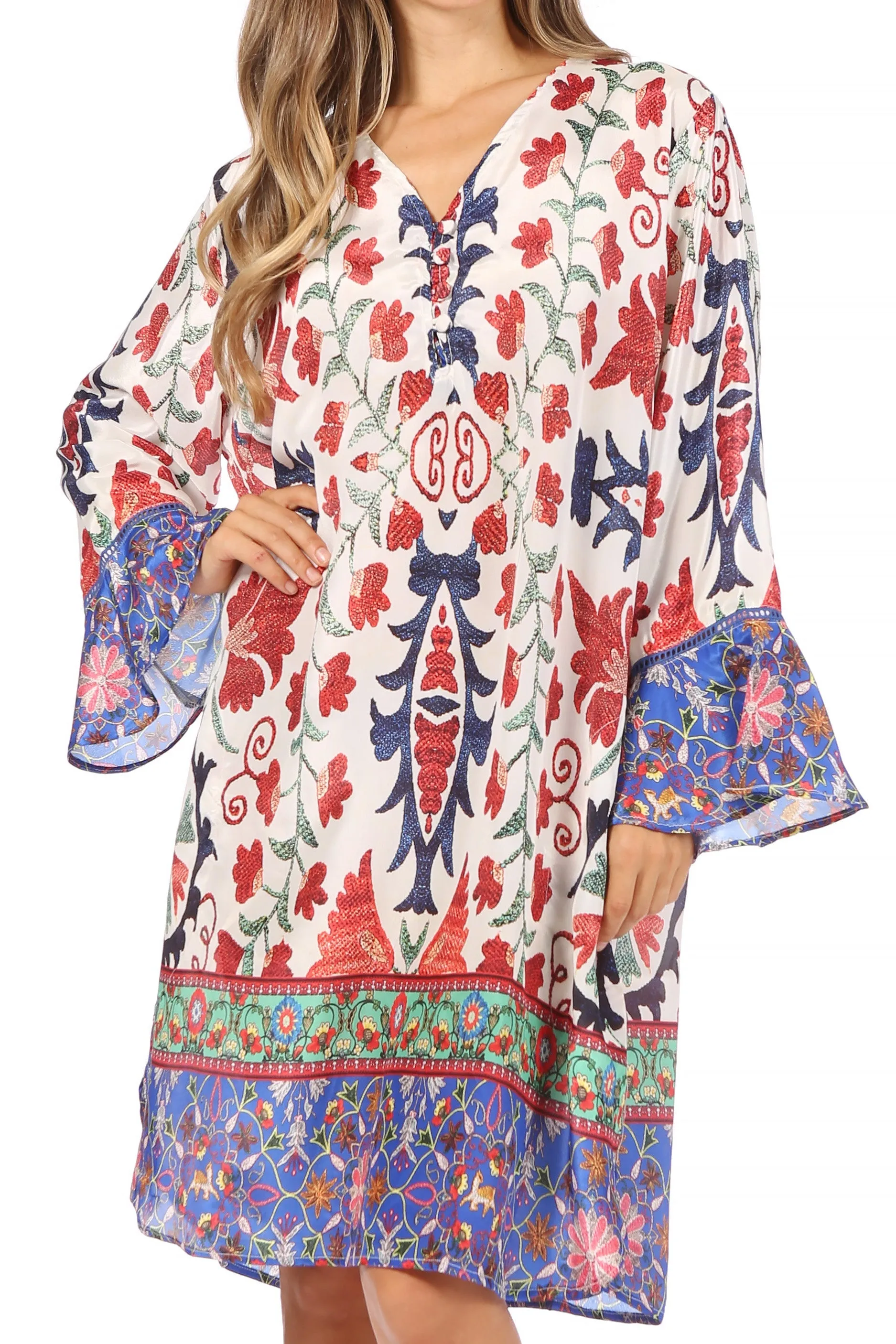 Sakkas Ximena Women's Floral Boho Cocktail Dress Tunic Cover-up V neck Summer