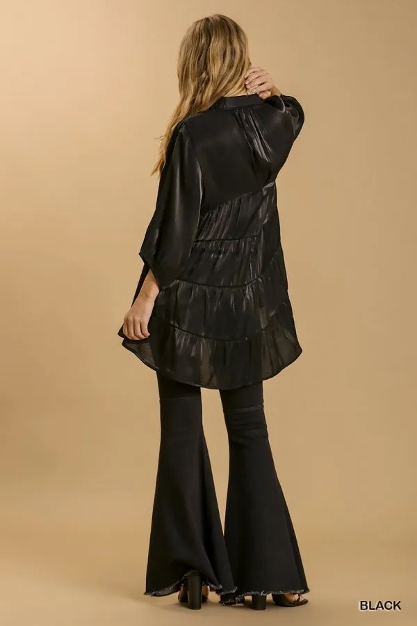 Satin 3/4 sleeve collar button down back tiered tunic dress with high-low hem