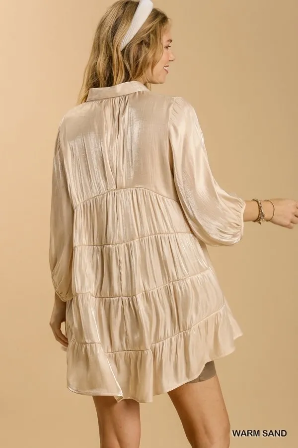 Satin 3/4 sleeve collar button down back tiered tunic dress with high-low hem