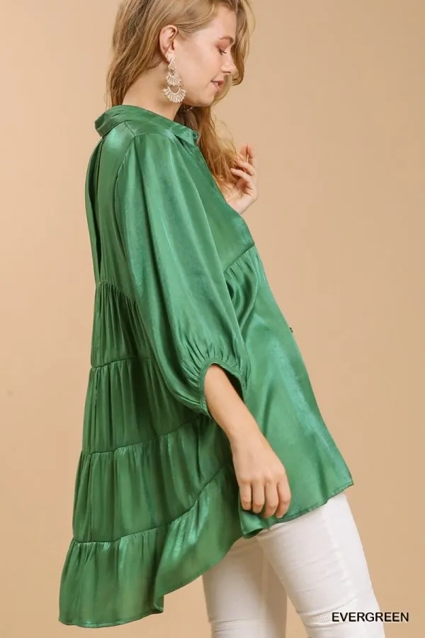 Satin 3/4 sleeve collar button down back tiered tunic dress with high-low hem