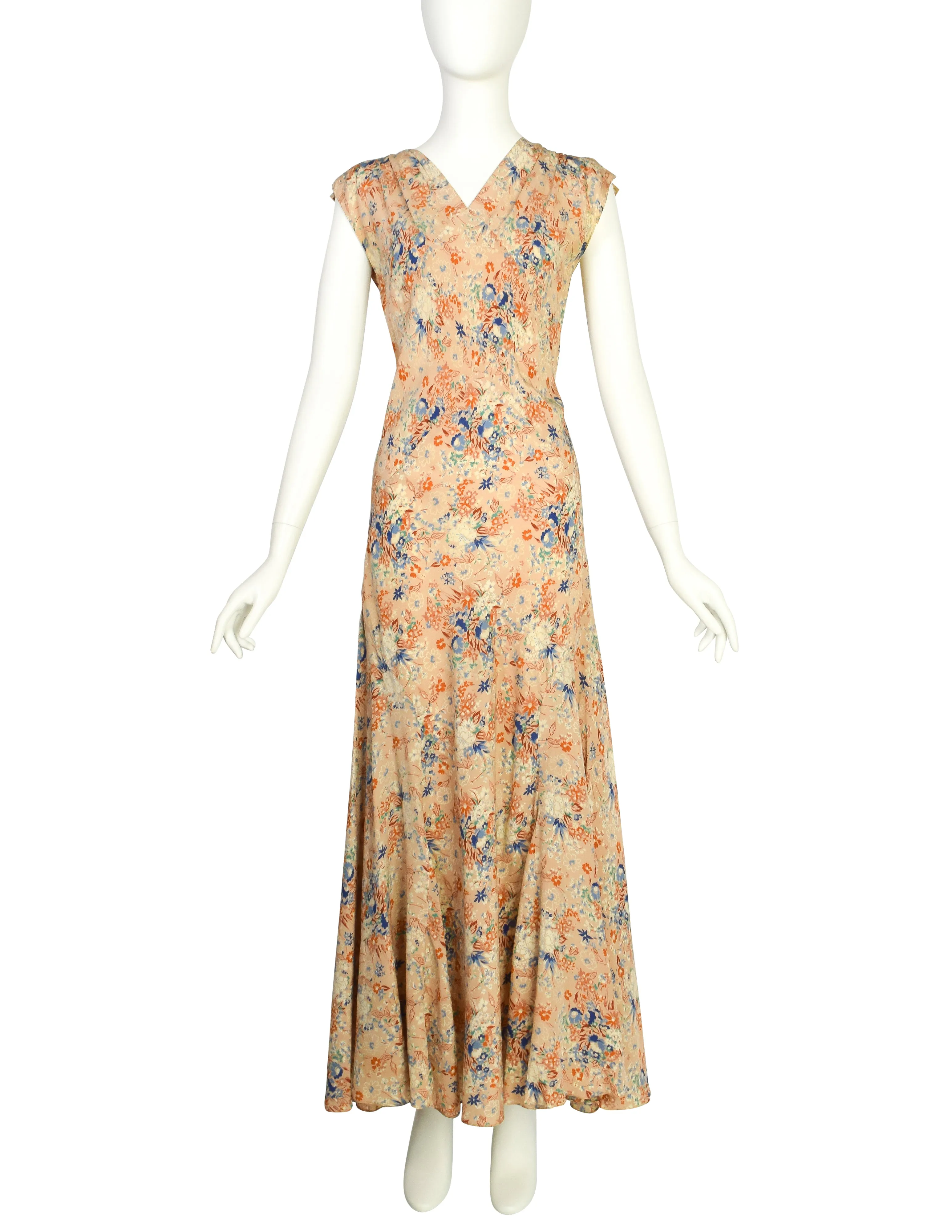 Scruggs Vandervoort & Barney Vintage 1930s Beige Floral Crepe de Chine Bias Dress