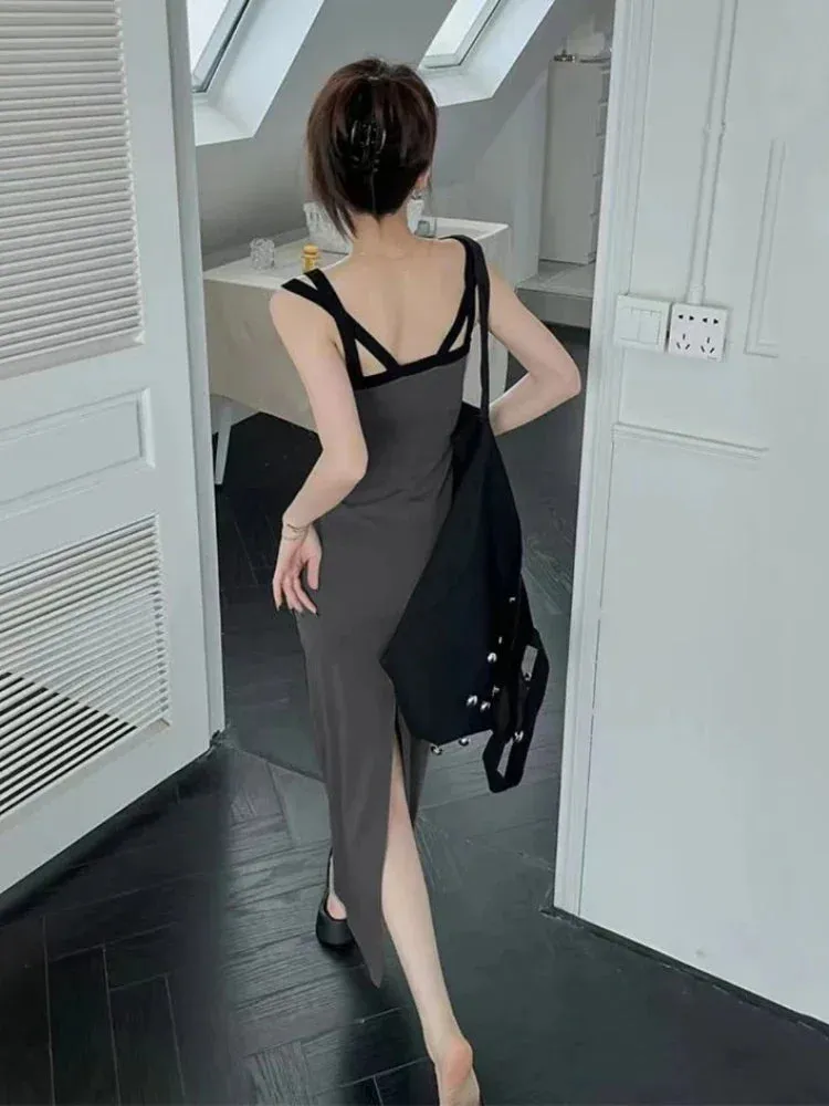 Sexy Backless Slip Midi Split Dresses Women Korean Fashion Spaghetti Strap Vintage Casual Black Dress Summer Sundress