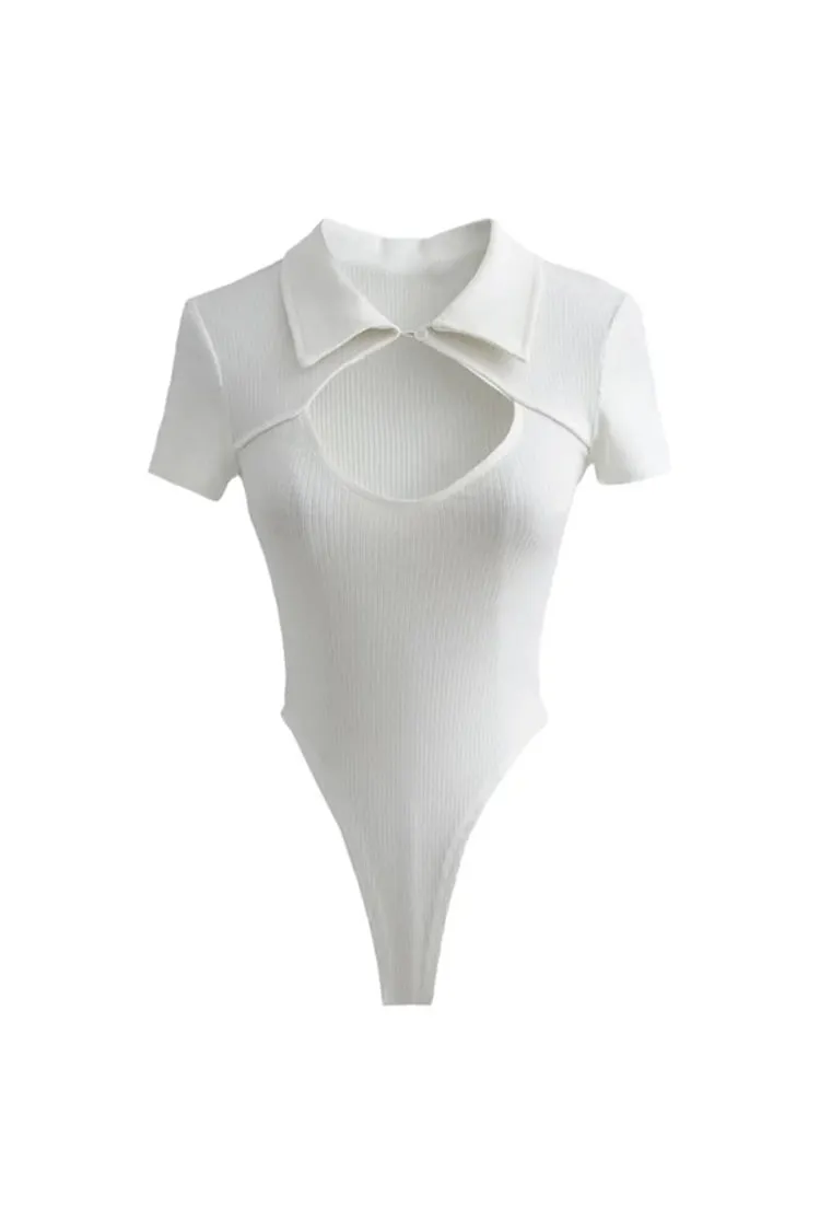 Sexy Cut Out Buttoned Collar Short Sleeve High Cut Ribbed Thong Bodysuit