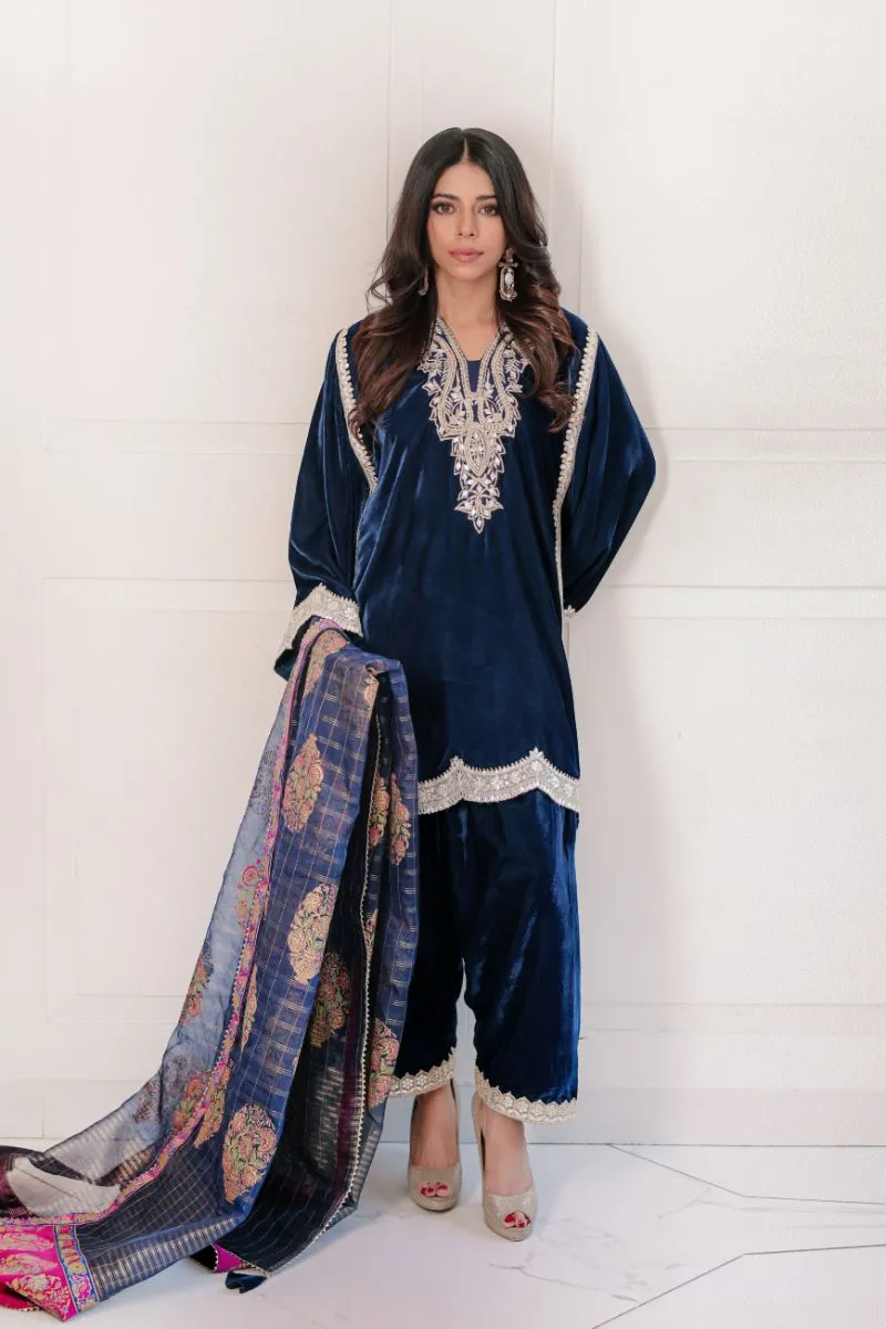 Shehrnaz - SHK-1416 - navy blue - velvet - 3 Piece