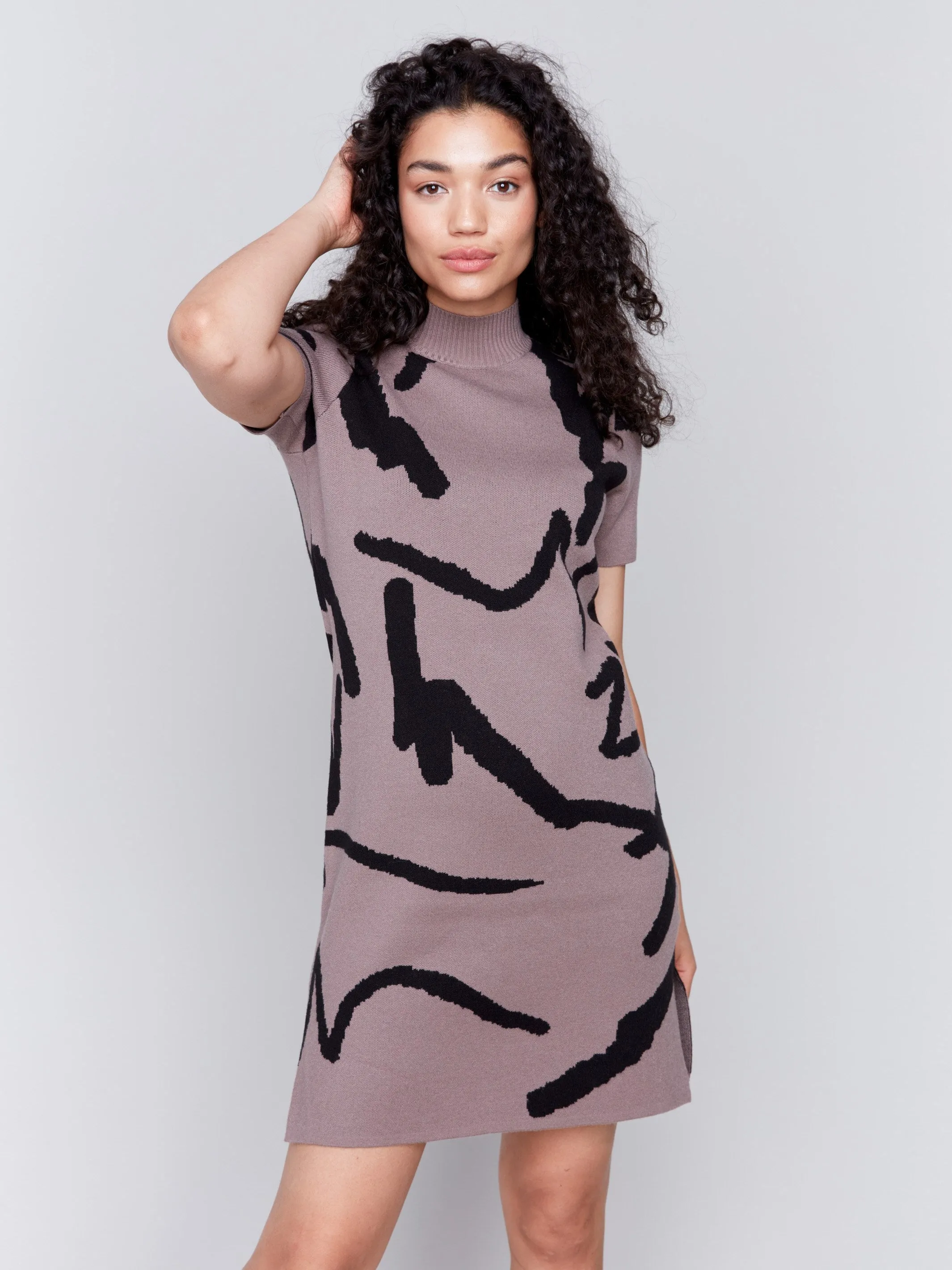 Short-Sleeve Mock Neck Sweater Dress - Scribble