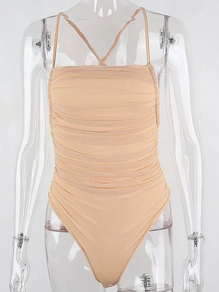 Sleeveless Mesh Ruched Bodysuit for Women - High Stretch, Sexy & Club Style