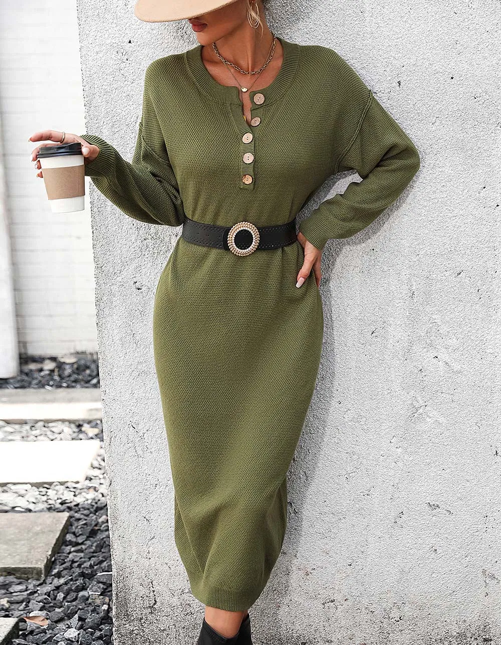 Solid-color Long Sleeve Button Knit Long Sweater Dresses