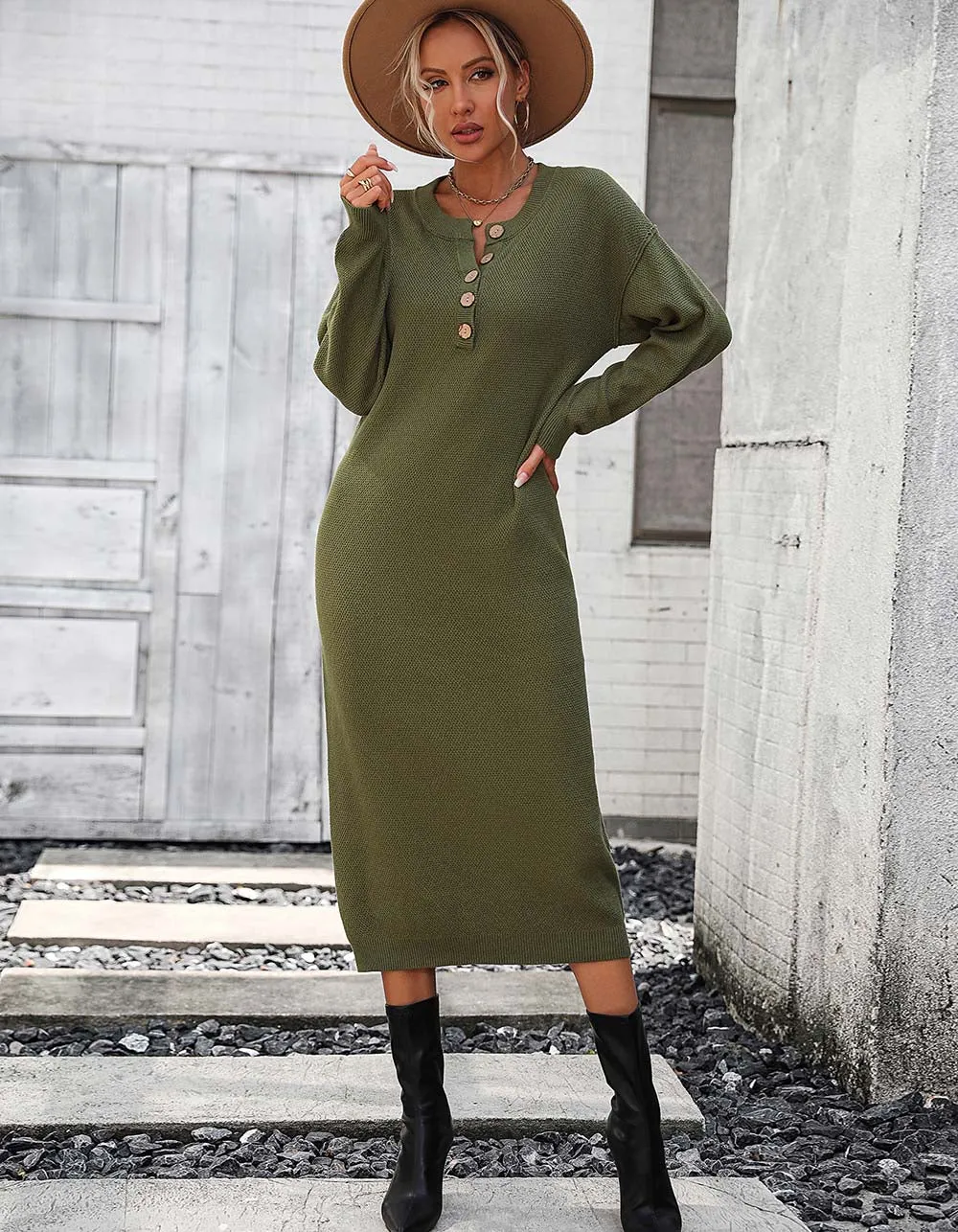 Solid-color Long Sleeve Button Knit Long Sweater Dresses