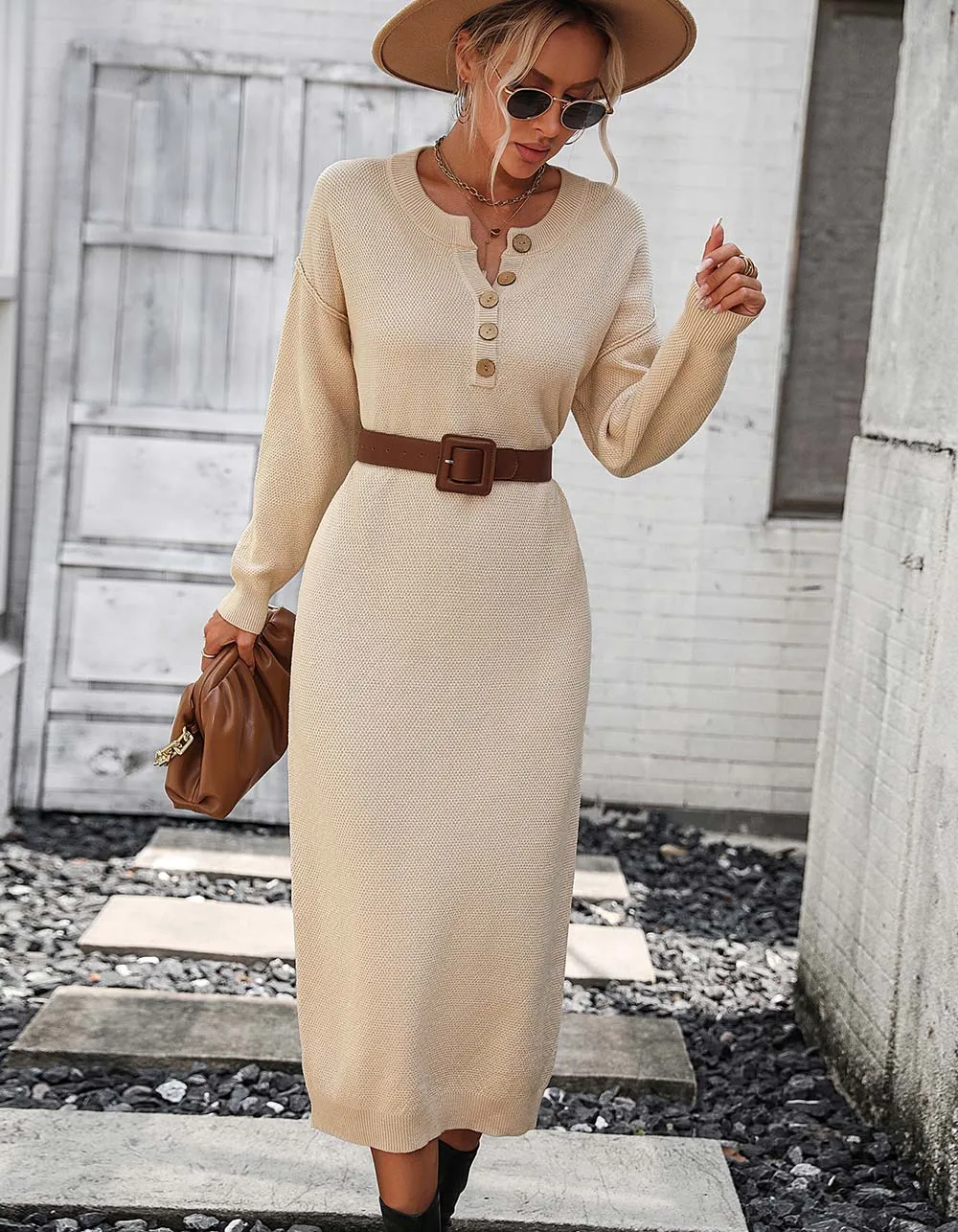 Solid-color Long Sleeve Button Knit Long Sweater Dresses