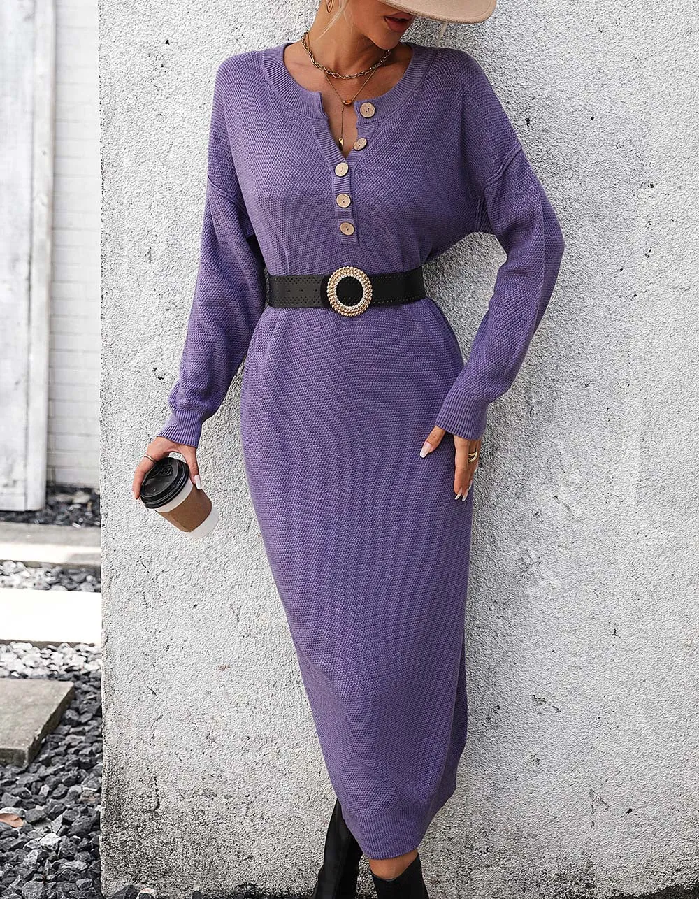 Solid-color Long Sleeve Button Knit Long Sweater Dresses