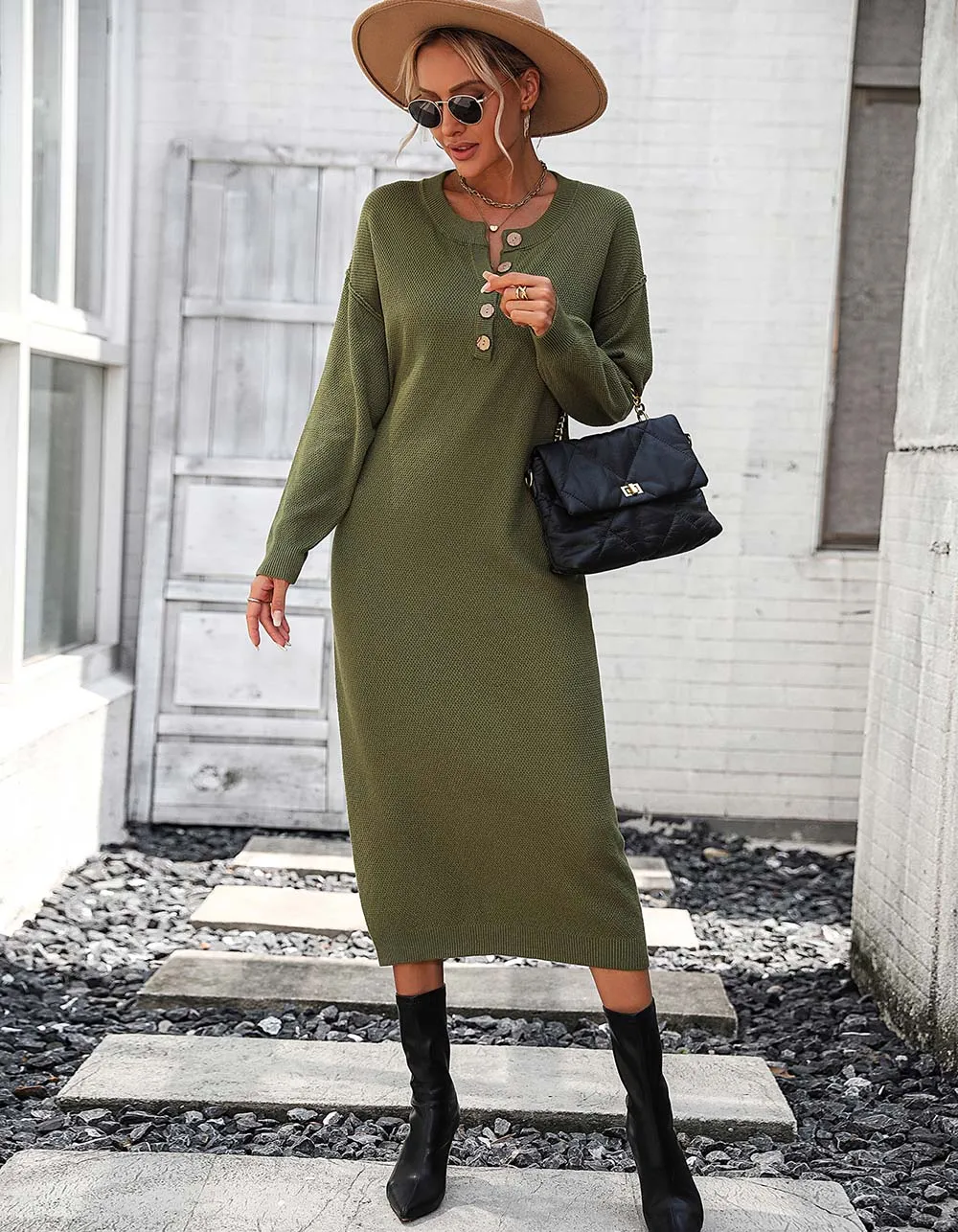 Solid-color Long Sleeve Button Knit Long Sweater Dresses