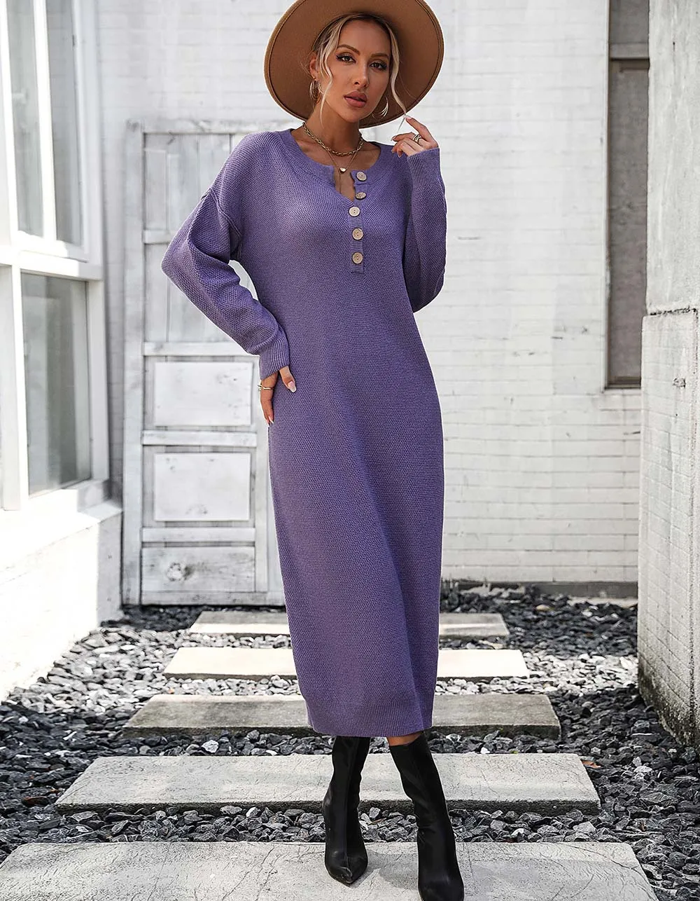 Solid-color Long Sleeve Button Knit Long Sweater Dresses