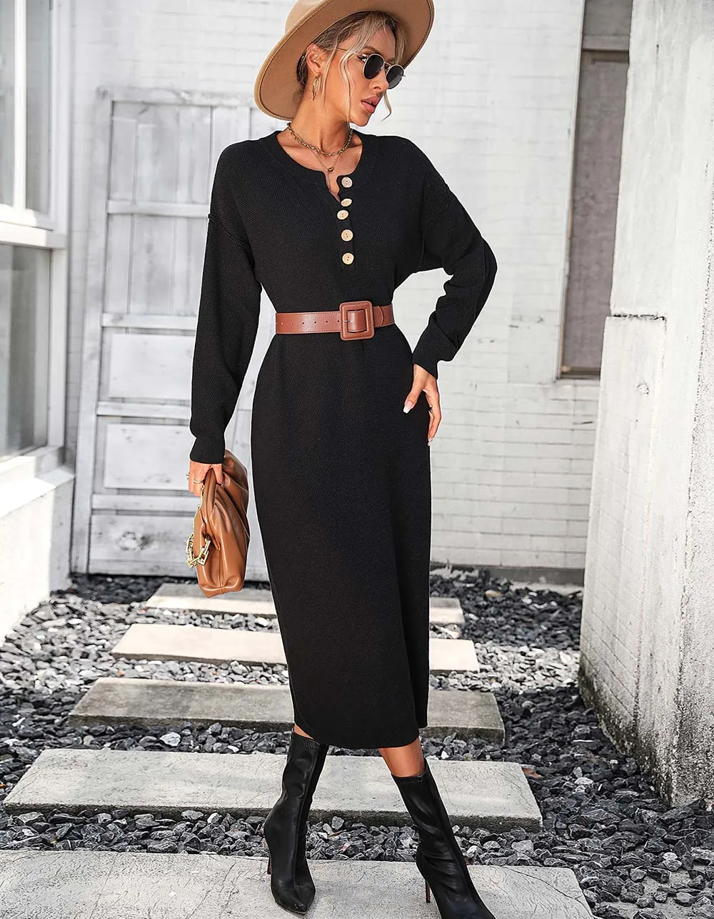 Solid-color Long Sleeve Button Knit Long Sweater Dresses