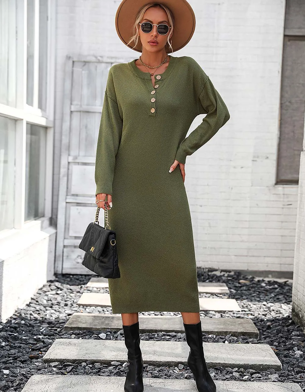 Solid-color Long Sleeve Button Knit Long Sweater Dresses