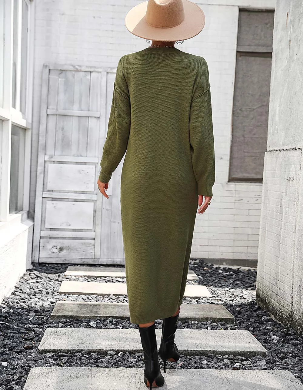 Solid-color Long Sleeve Button Knit Long Sweater Dresses