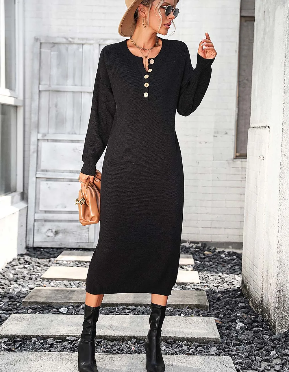 Solid-color Long Sleeve Button Knit Long Sweater Dresses