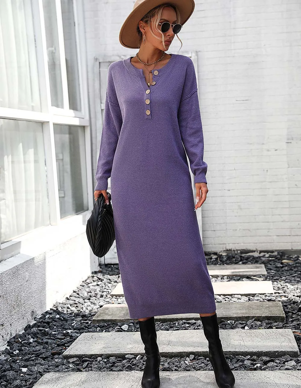 Solid-color Long Sleeve Button Knit Long Sweater Dresses