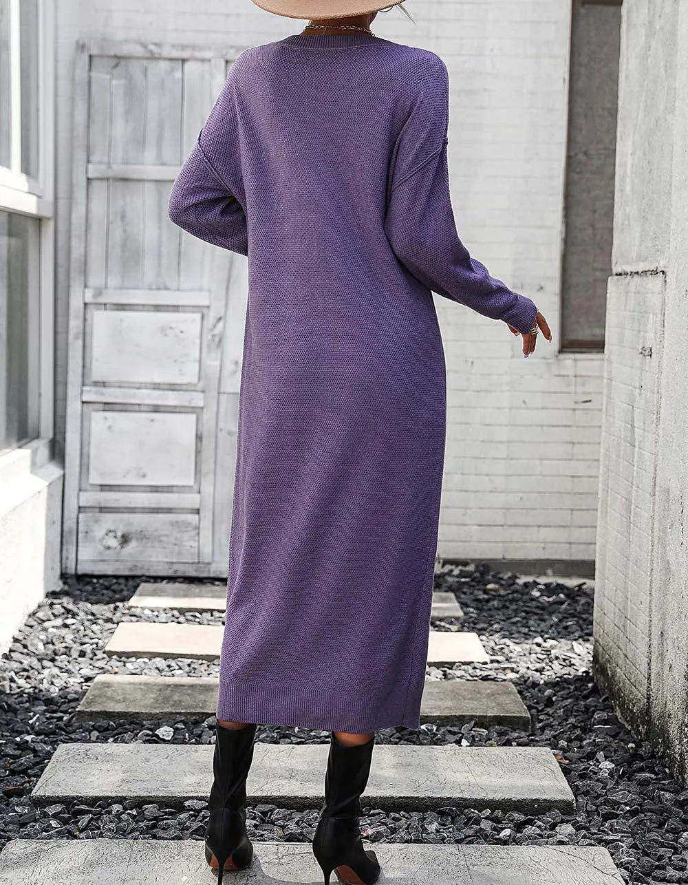 Solid-color Long Sleeve Button Knit Long Sweater Dresses