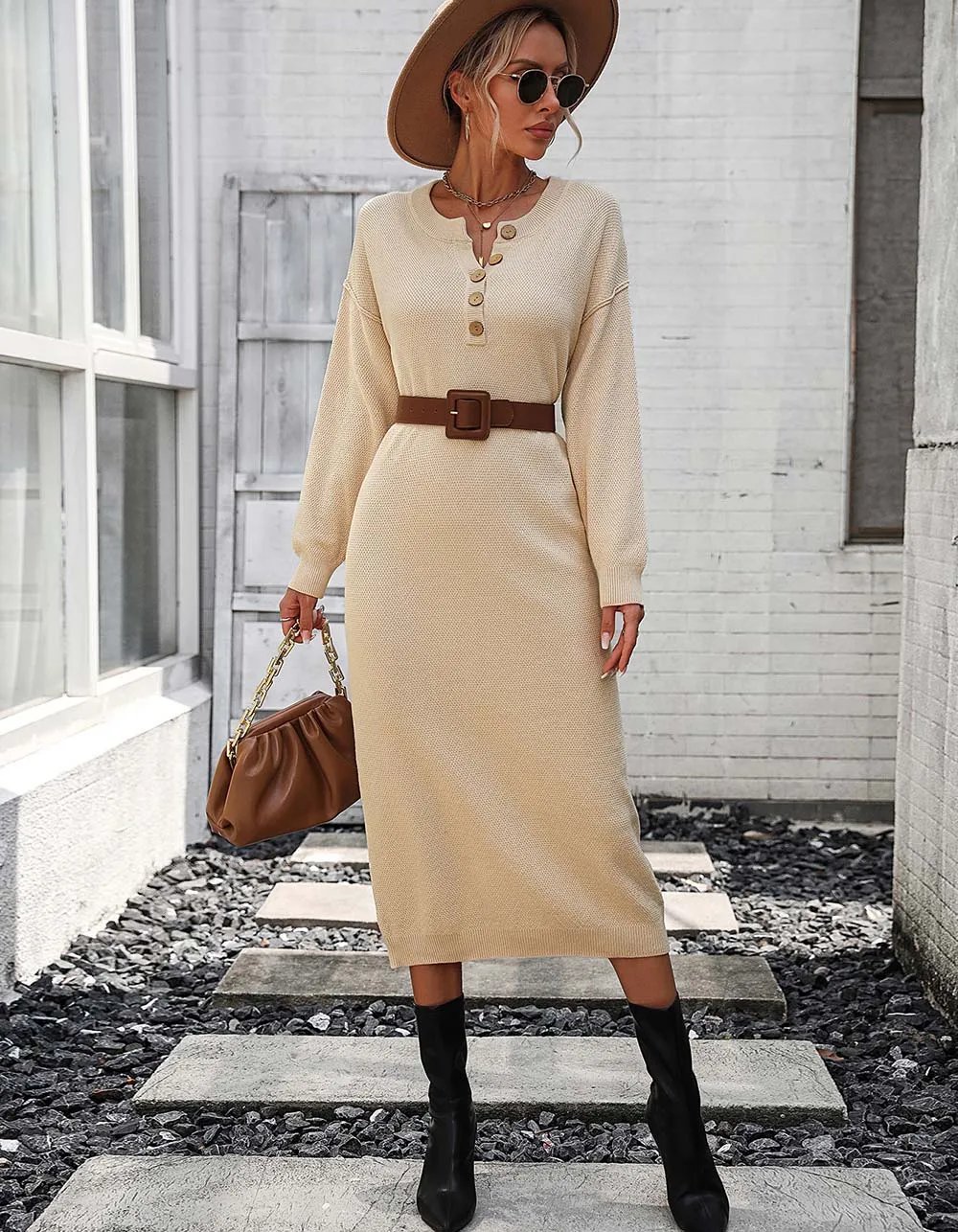 Solid-color Long Sleeve Button Knit Long Sweater Dresses