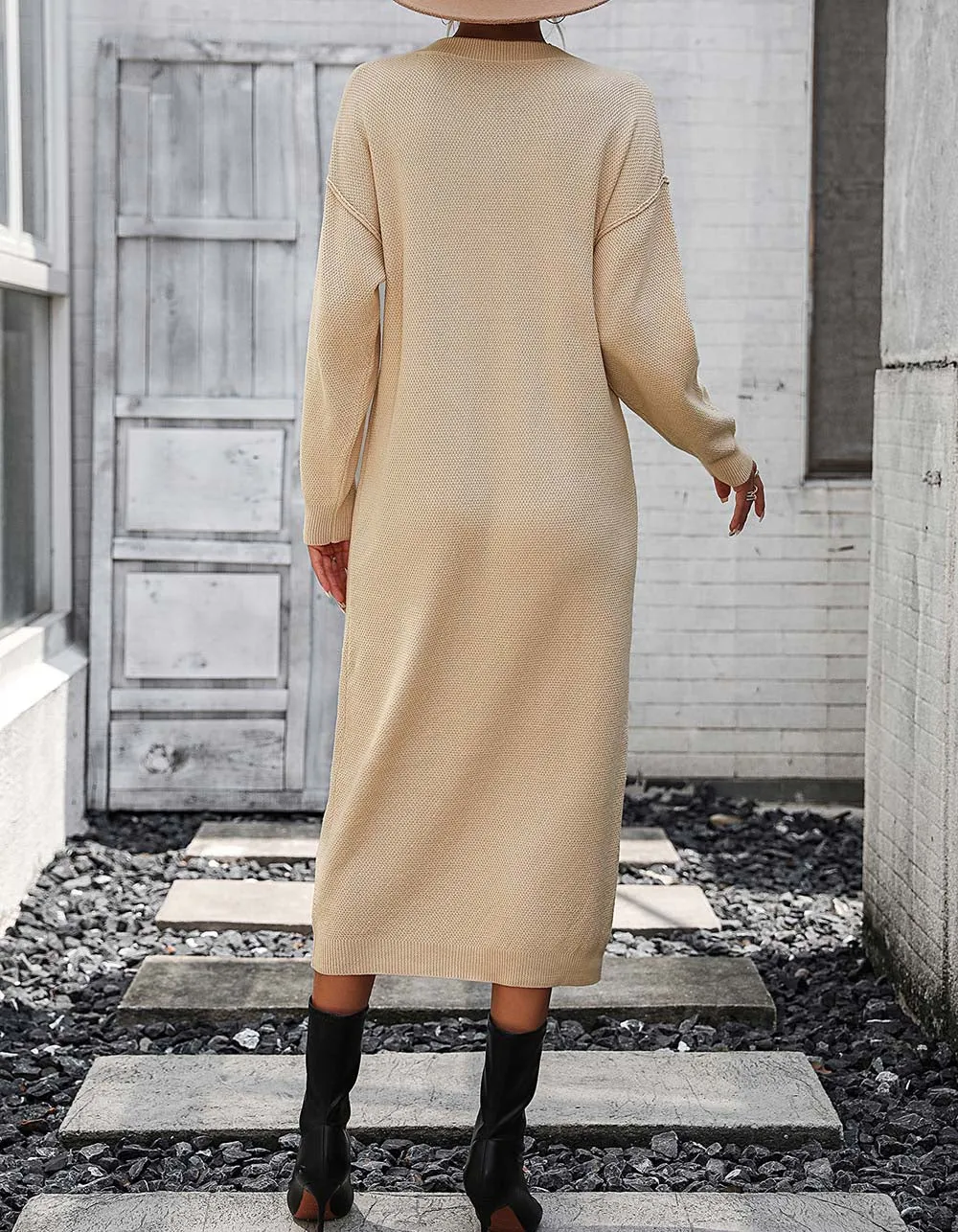 Solid-color Long Sleeve Button Knit Long Sweater Dresses