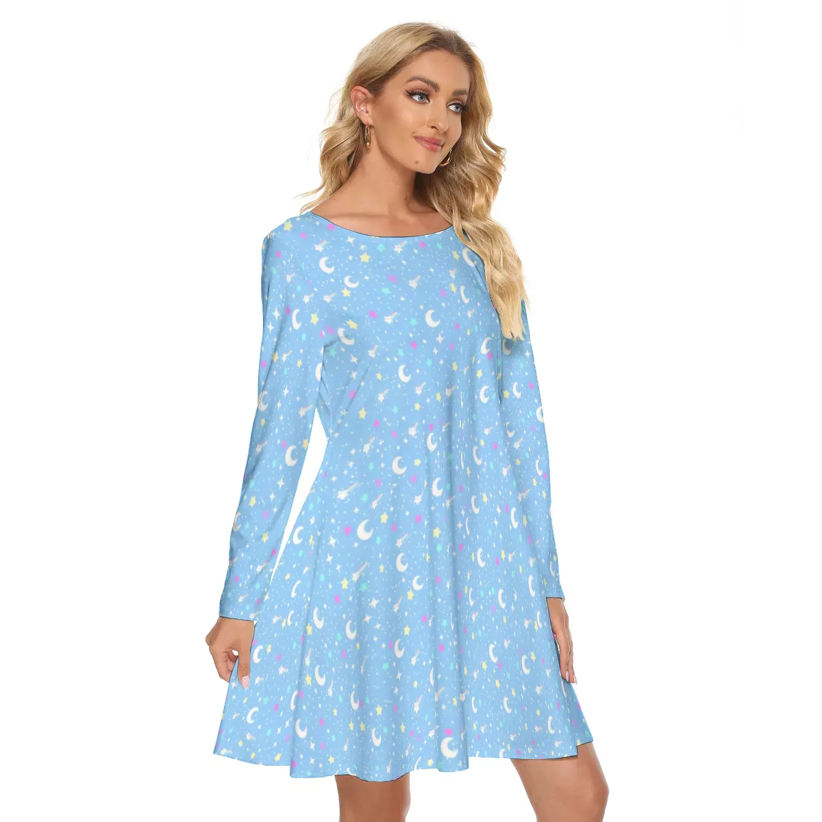 Starry Glitter Blue Crew Neck Dress