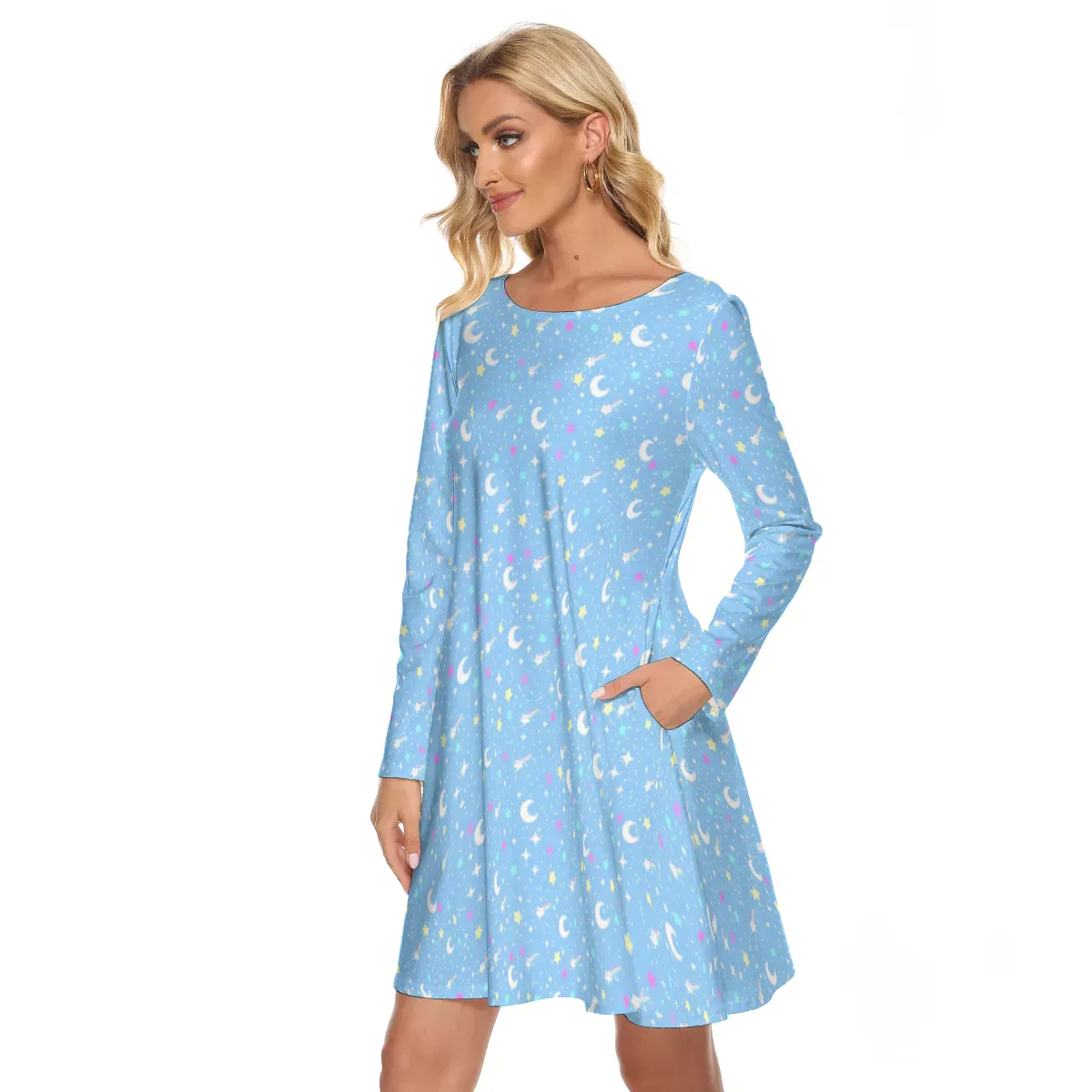 Starry Glitter Blue Crew Neck Dress