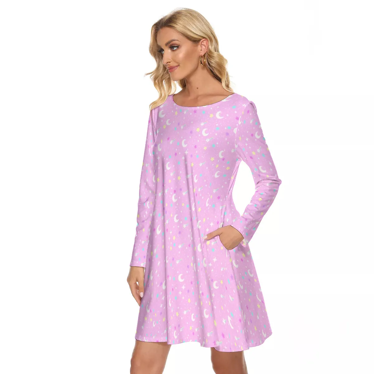 Starry Glitter Pink Crew Neck Dress