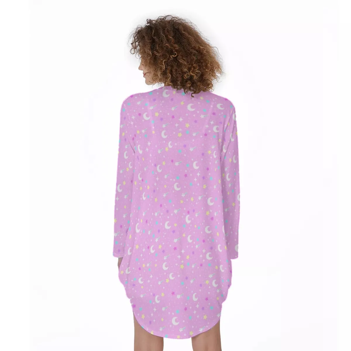 Starry Glitter Pink Long Sleeve Dress With Pockets