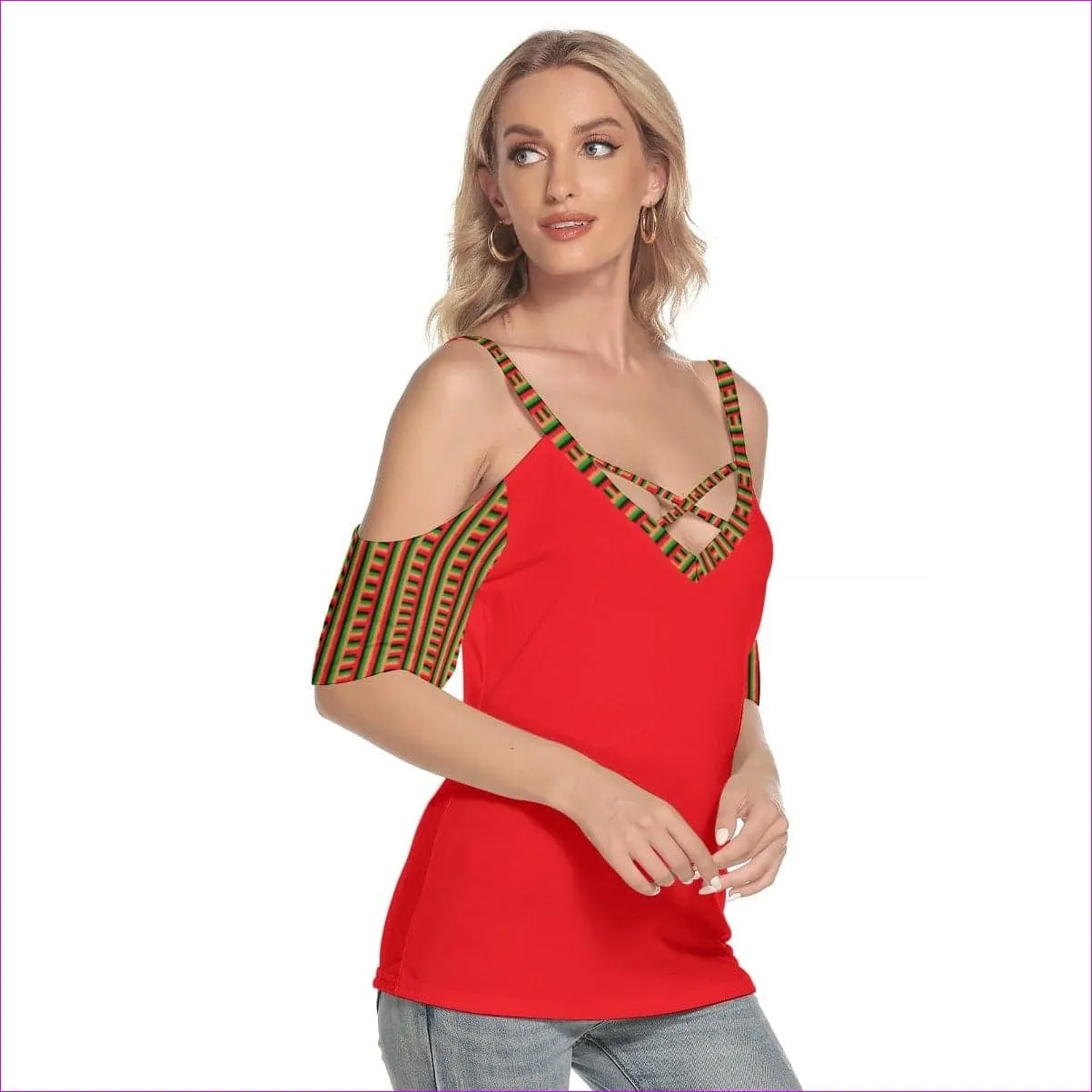 Striped Galore Women's Cold Shoulder T-shirt With Criss Cross Strips