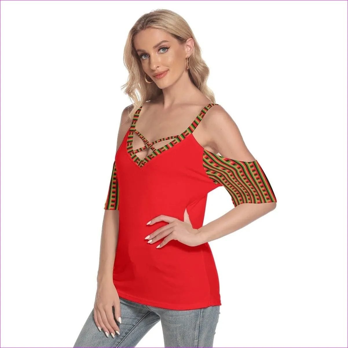 Striped Galore Women's Cold Shoulder T-shirt With Criss Cross Strips