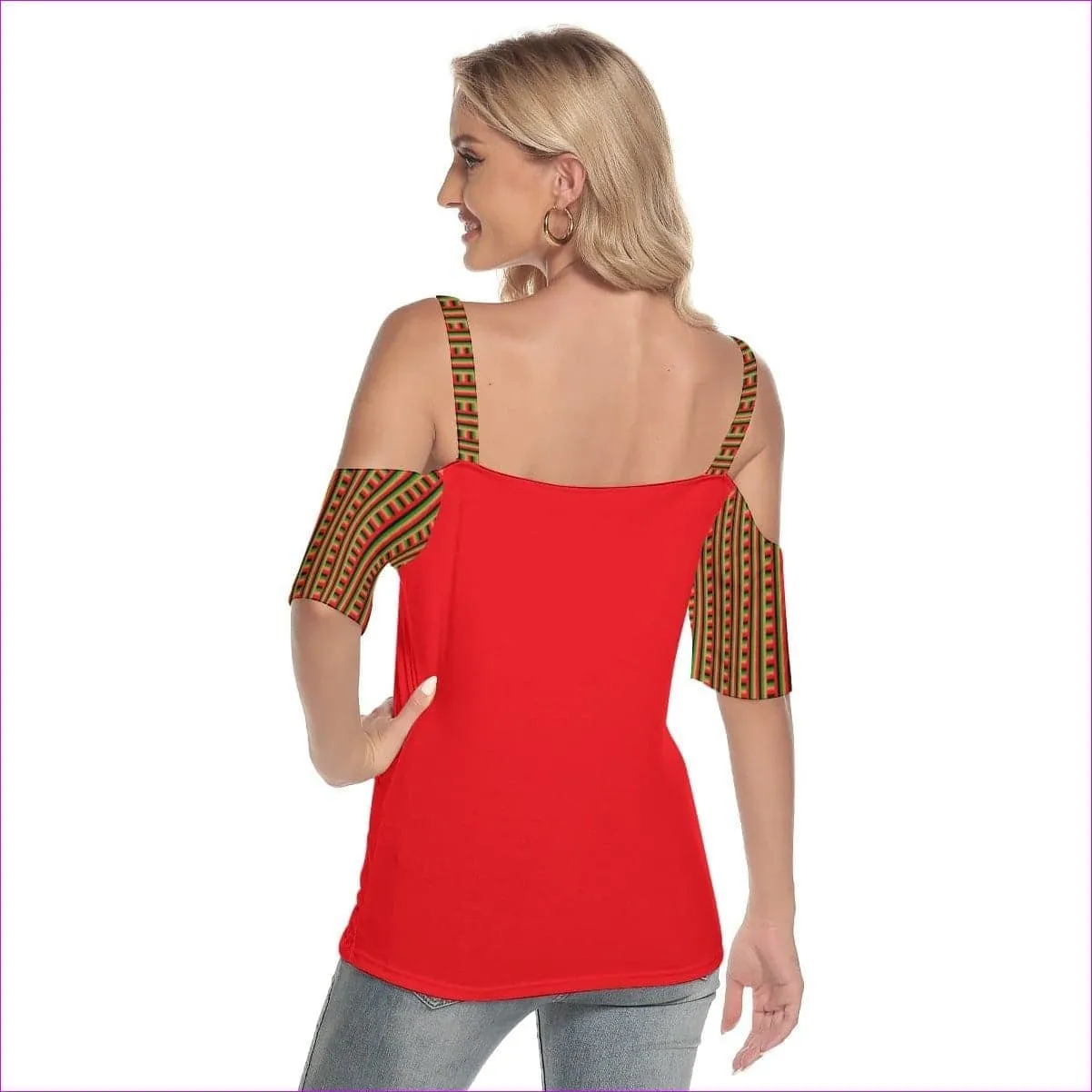 Striped Galore Women's Cold Shoulder T-shirt With Criss Cross Strips