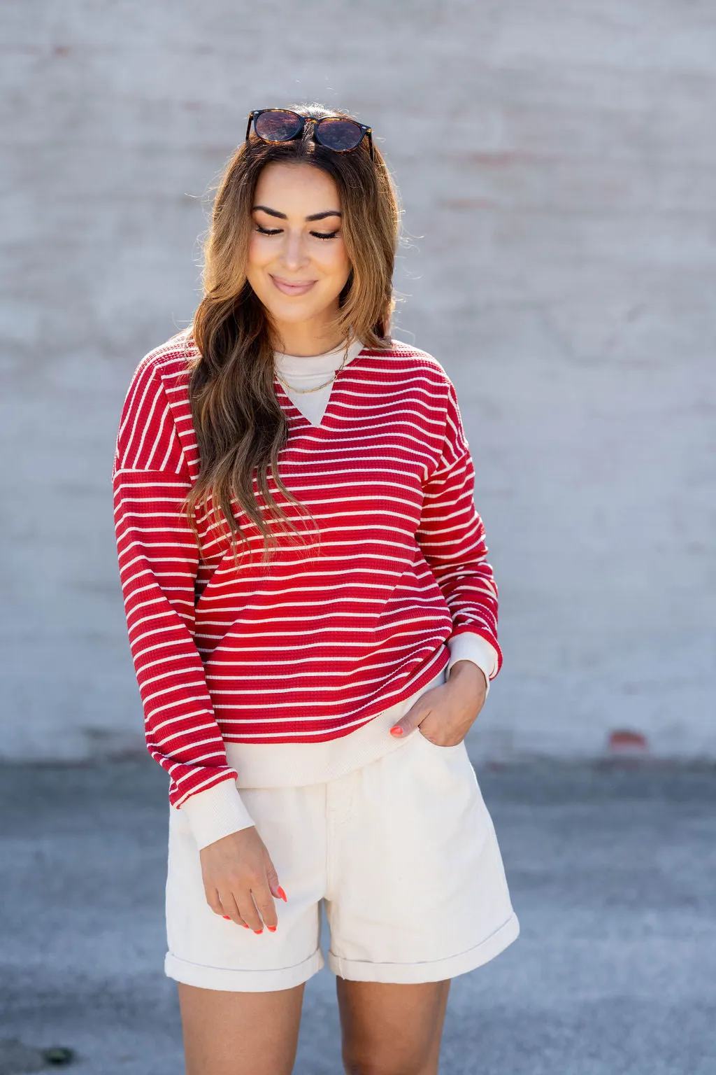 Striped Solid Trim Waffle Sweatshirt