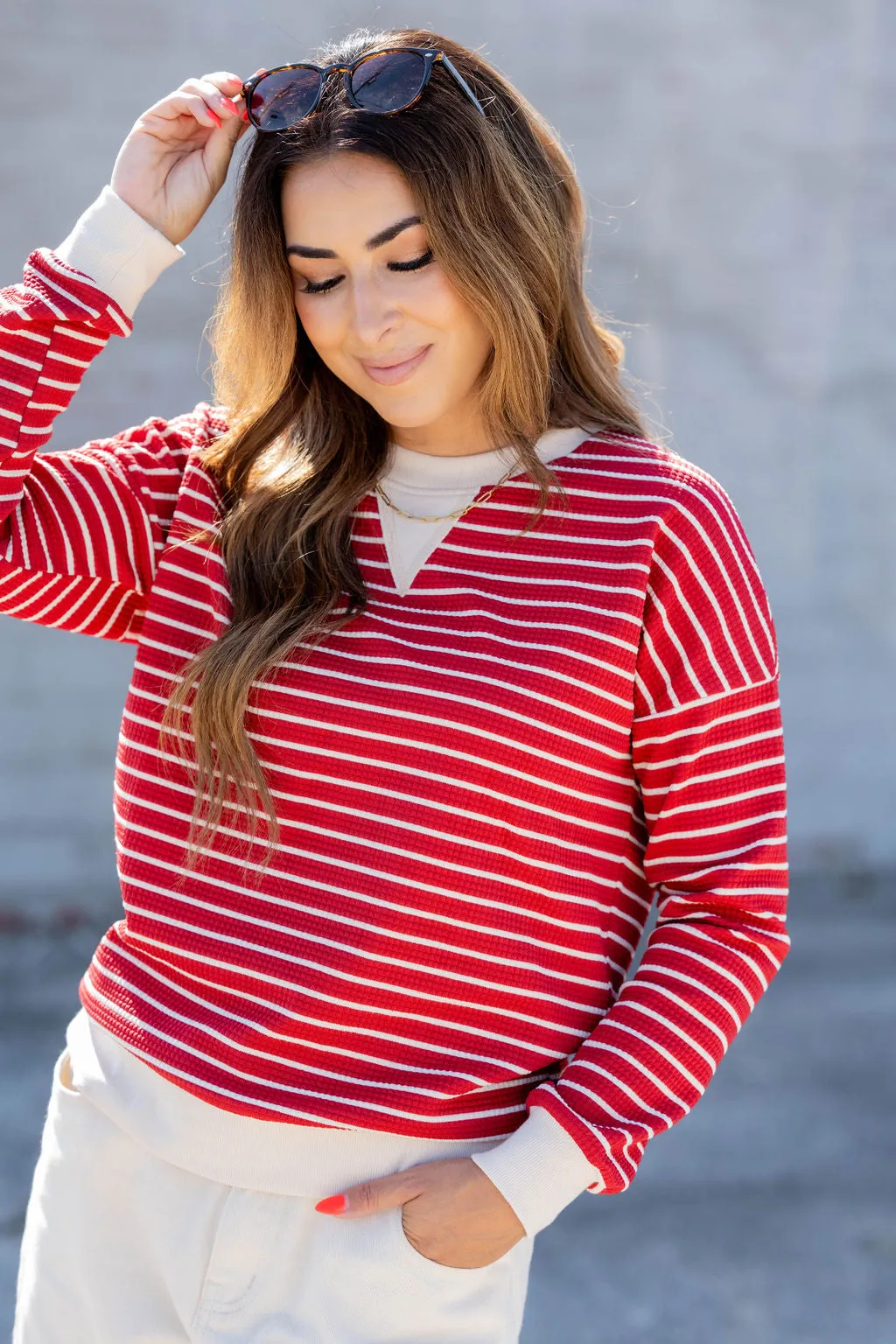 Striped Solid Trim Waffle Sweatshirt