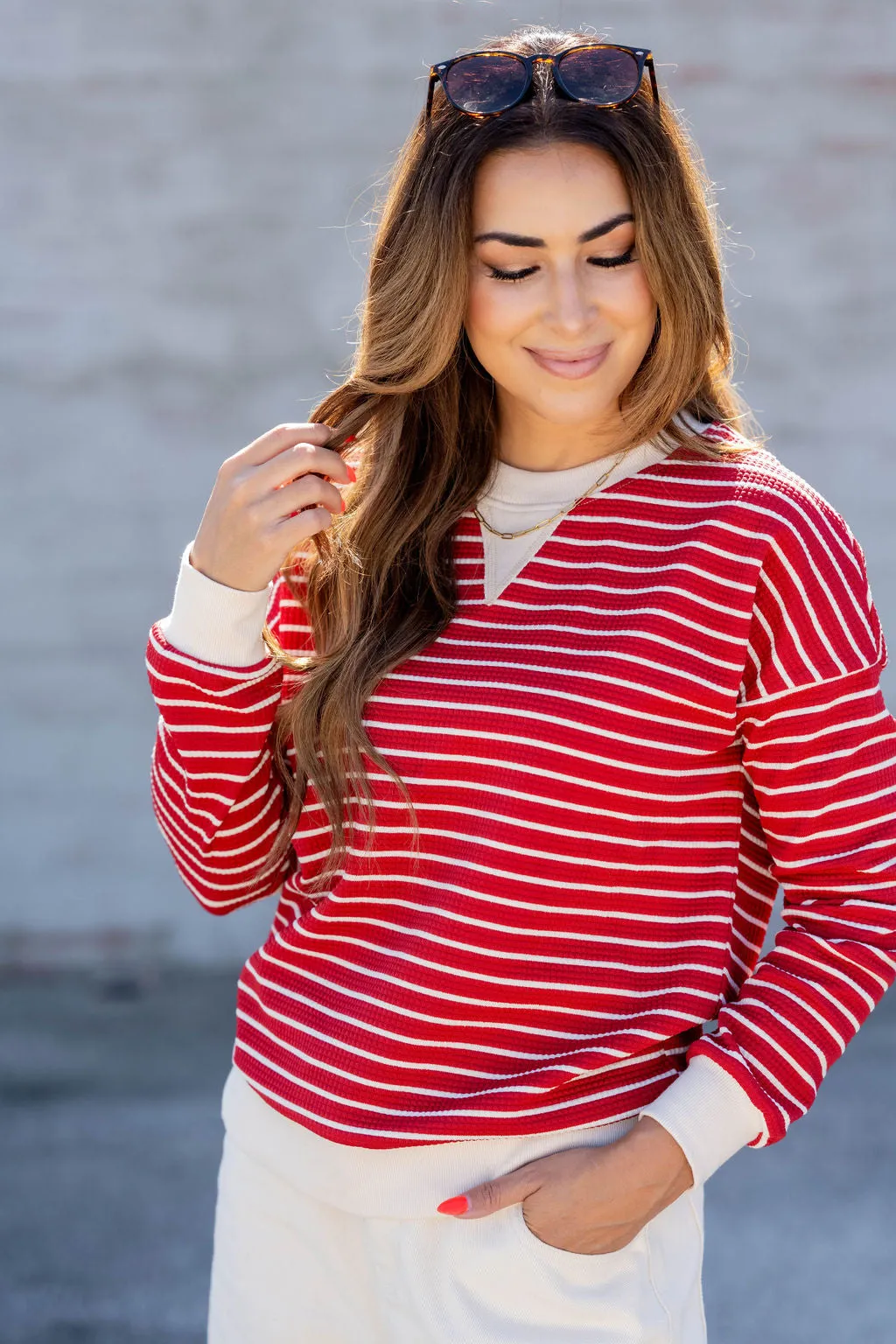 Striped Solid Trim Waffle Sweatshirt