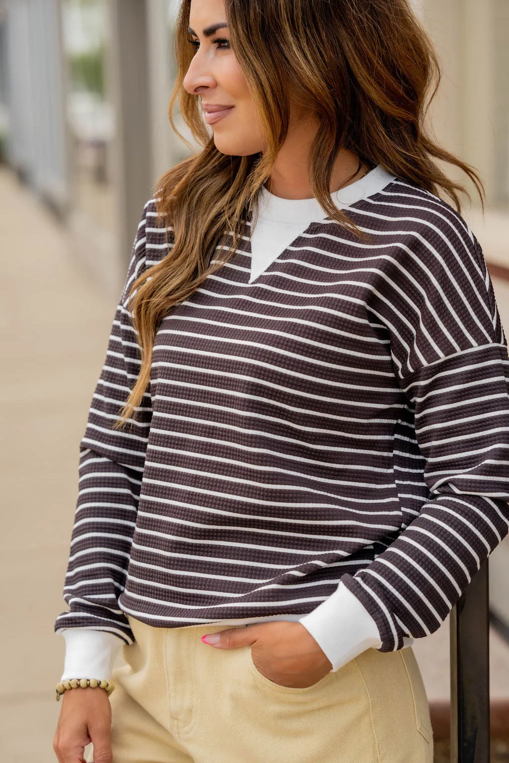 Striped Solid Trim Waffle Sweatshirt