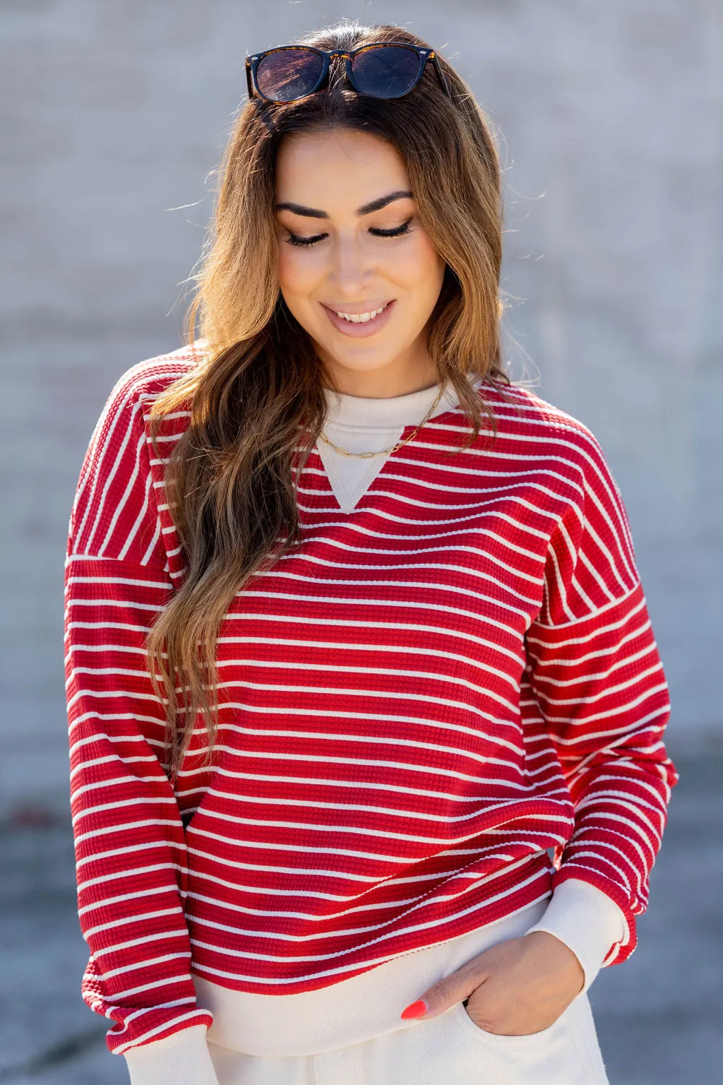 Striped Solid Trim Waffle Sweatshirt