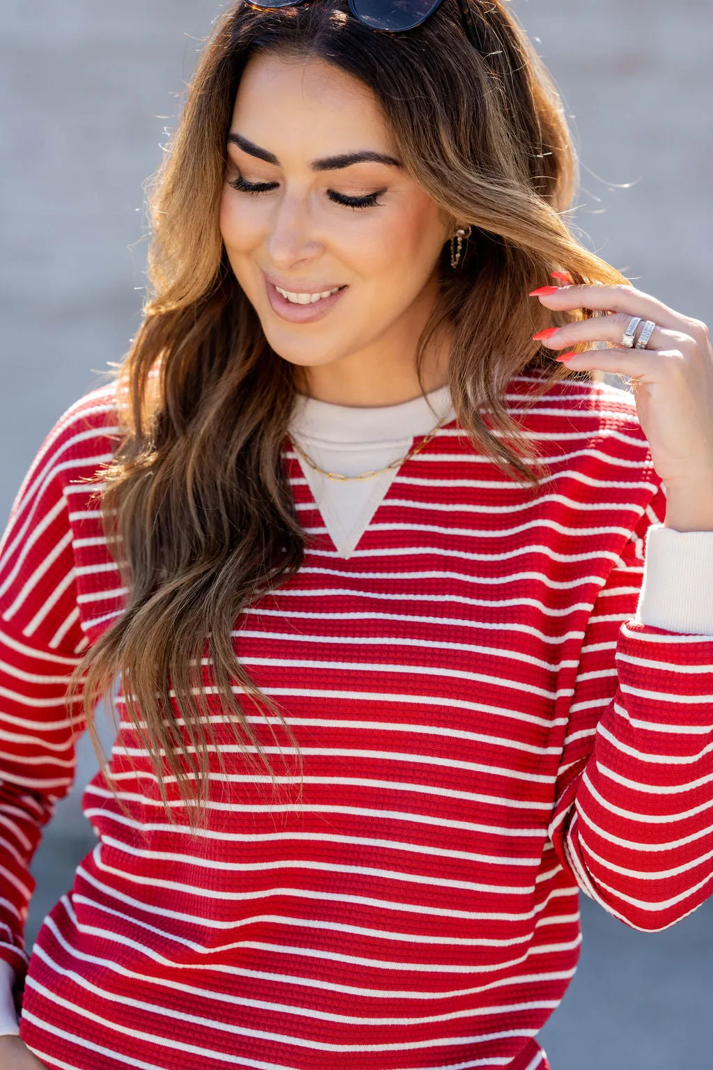 Striped Solid Trim Waffle Sweatshirt