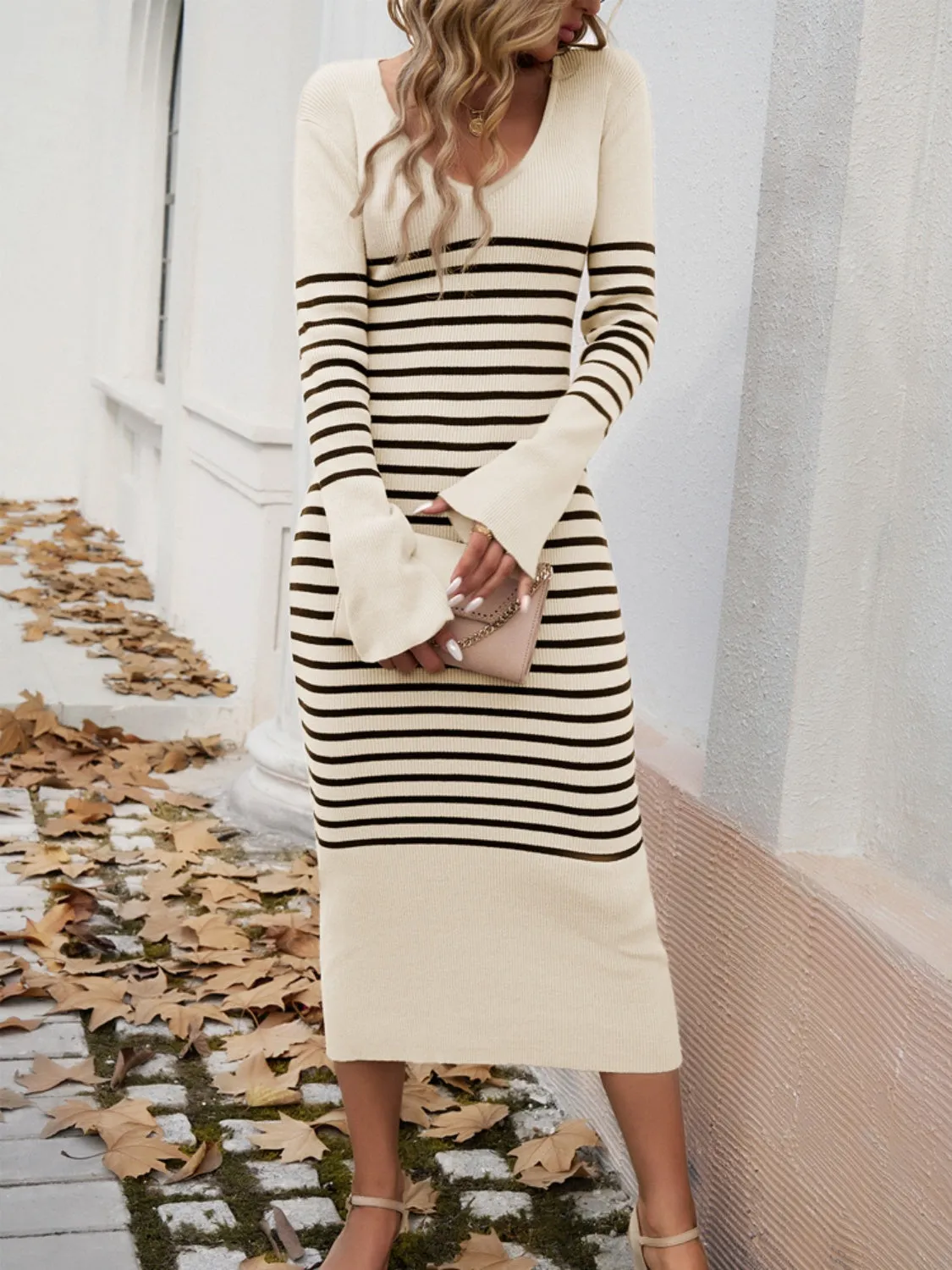 Striped V-Neck Long Sleeve Sweater Dress - Chic & Cozy Fashion Essential